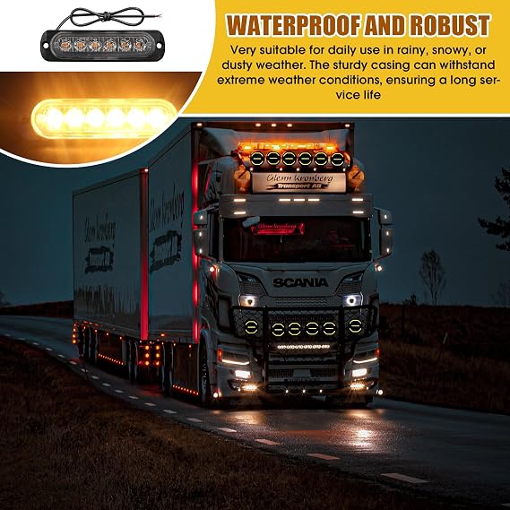Amber Strobe Warning Lights 12V-24V, 6 LED Waterproof Flashing Beacon Hazard Warning Lights with 16 Modes, Easy Wire Mount Recovery Light for Van Truck Trailer Motorcycle Construction (Yellow, 2 PCS) [Energy Class A]