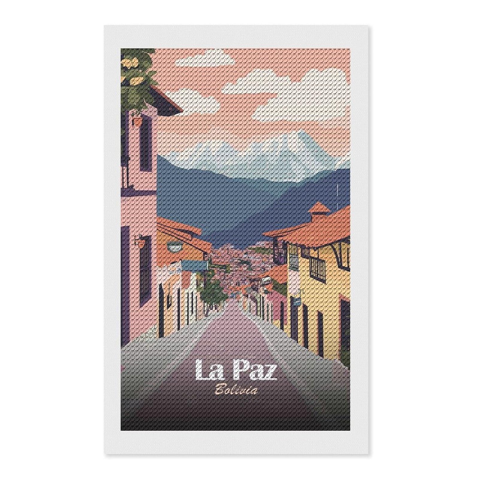 Junmoney La Paz, Bolivia Travel (2) Diamond Art Kit 12"x20", Holiday Gift Idea, for Women, Easy Handmade Project, Vintage Style Decor, Printed Canvas