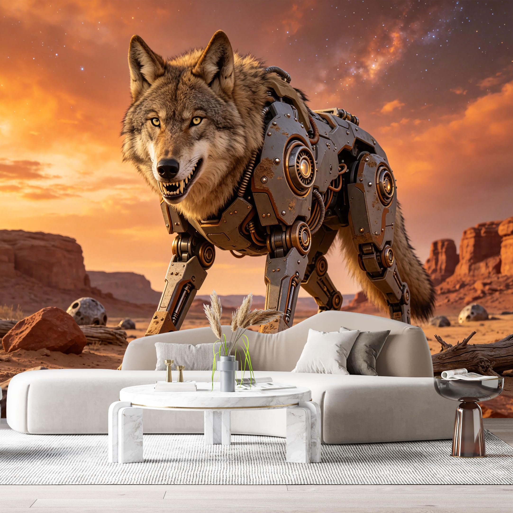 Custom Size Wall Mural Heavy Armored Wild Canine Beast Mecha SciFi Robot Desert Sunset Armor Animal Industrial Style 3D Trompe L'Oeil SelfAdhesive Removable Wallpaper Esports Game Room