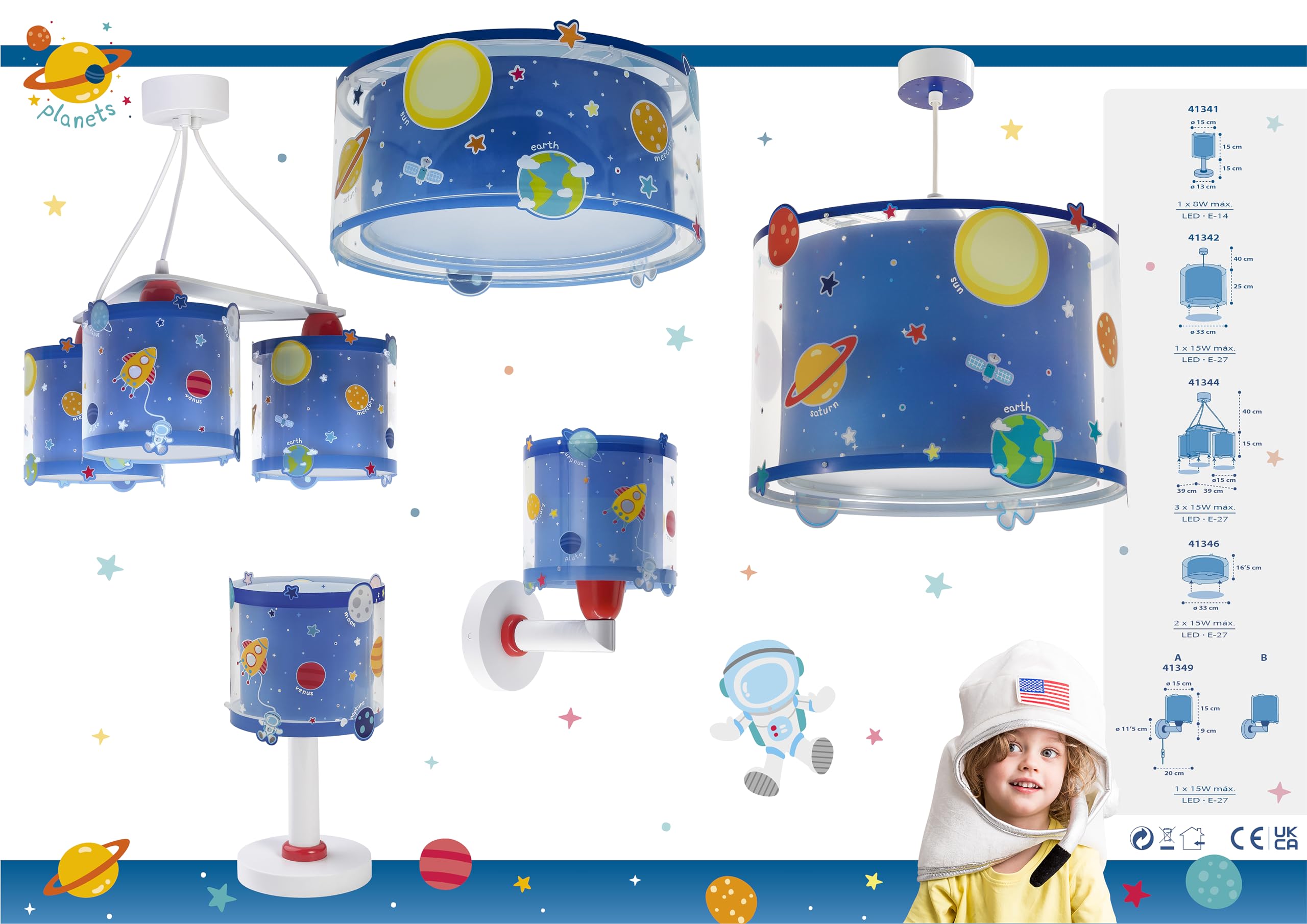 Dalber lampe de table enfant Planets planètes système solaire, Bleu