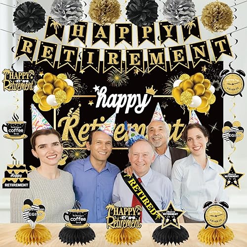 Miniatura 5 de Kit de decoración de fiesta de jubilación de 20 piezas para hombres y mujeres, Kuxriox negro y dorado, telón de fondo de jubilación, centro de mesa