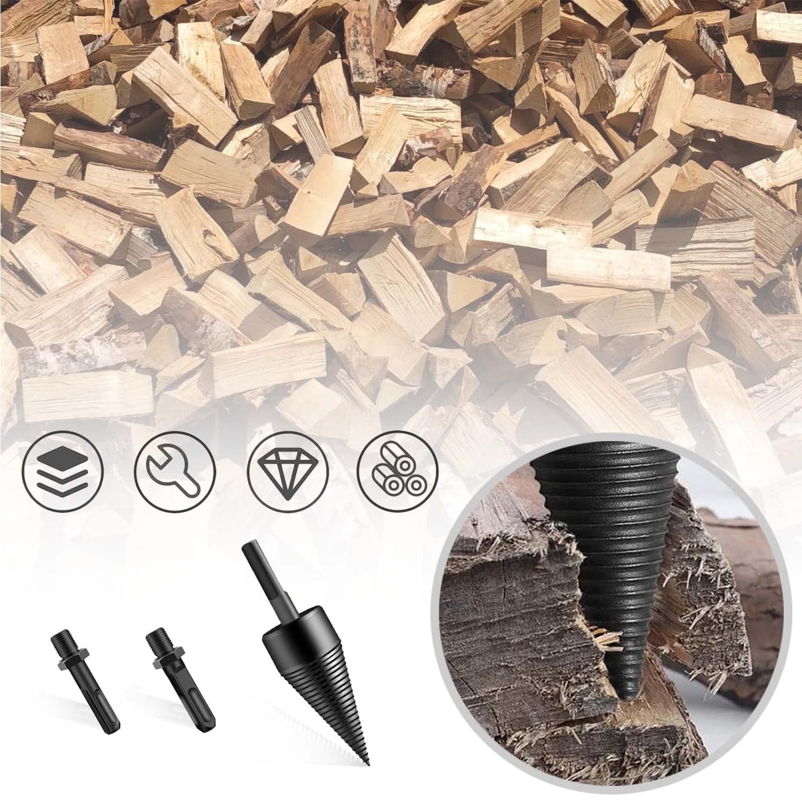 Cono de Madera para Cortar Madera, 42 mm Juegos de Brocas, Conos para Troncos, con 3 asas de Taladro, Adecuadas para Divisores de Madera, Divisores de T