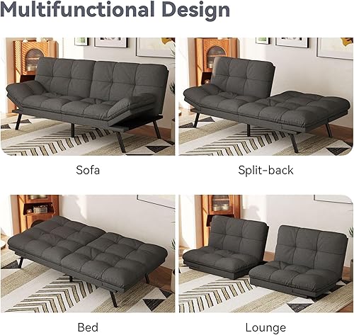 Miniatura 24 de Vyfipt Sofá cama tipo futón, sofá pequeño de espuma viscoelástica de piel sintética para sala de estar, sofá biplaza moderno con reposabrazos Negro