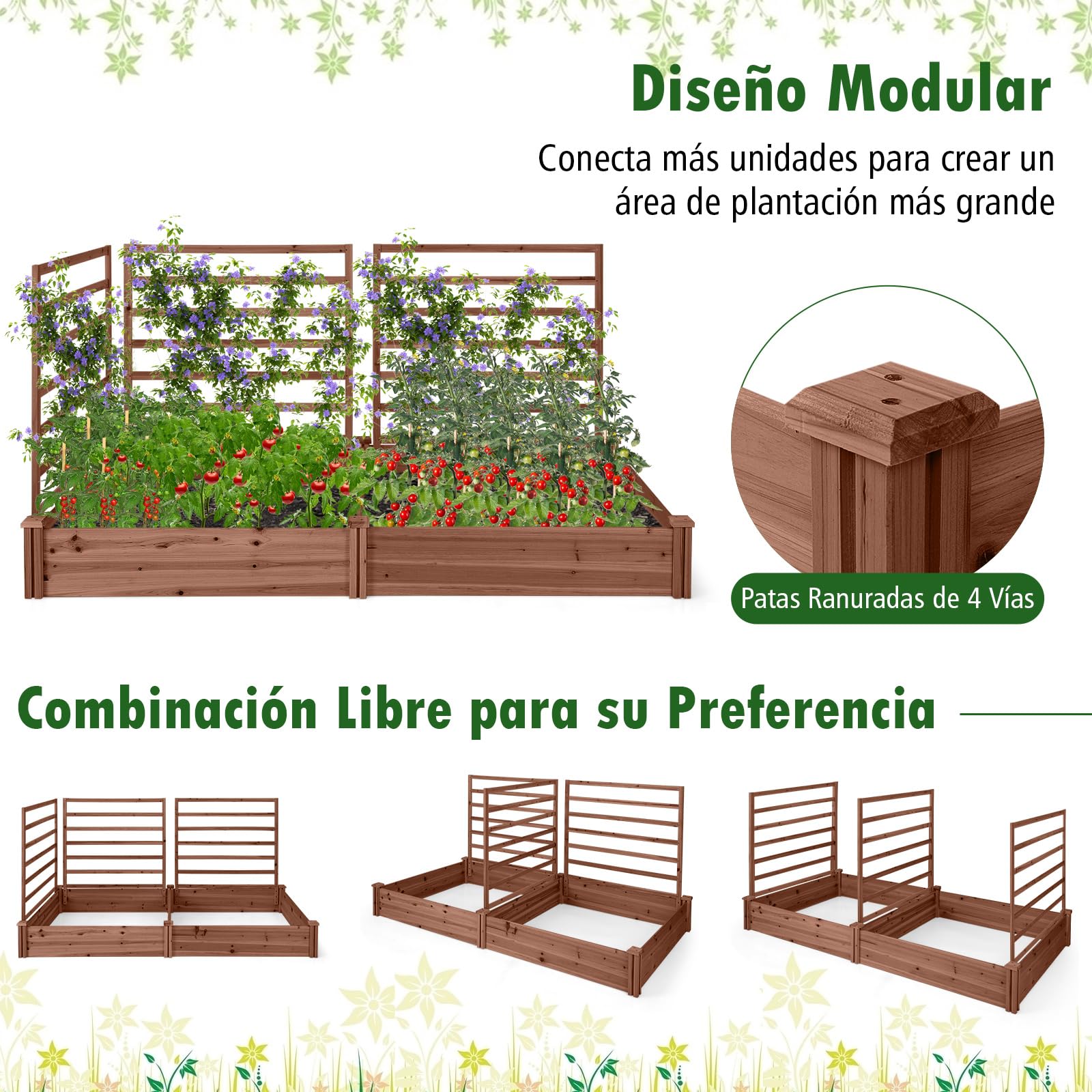 COSTWAY Jardinera con Enrejado, Cama Elevada de Jardín con 2 Maceteros y 3 Enrejados, Kit de Macetero de Madera para Exteriores, Macetero Elevado para Patio de Jardín, 222 x 114 x 110 cm (Marrón)