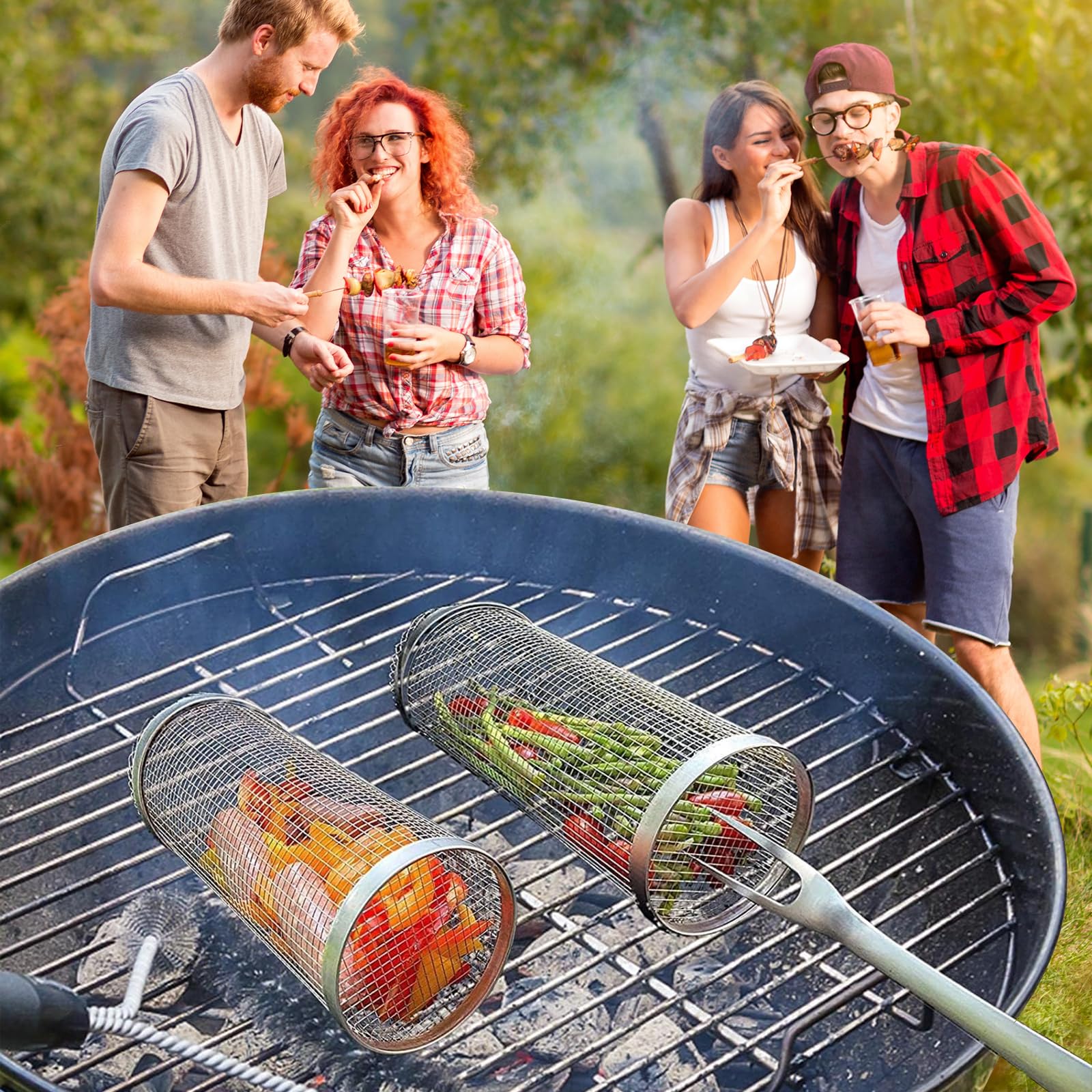 Ensemble De Paniers De Grillage Enroulable Emboîtables Avec Poignée En Bois, Accessoires De Barbecue Pour Grill Extérieur Pour Légumes