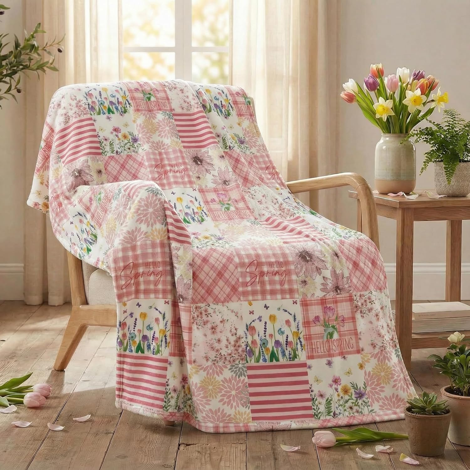 Horaldaily Spring Summer Flannel Blanket Throw, Pink Flowers Patchwork Soft Fuzzy Plush Cozy Fleece Blankets for Couch Sofa Bed Lounging, Ideal Gifts for Kids Adults Self, 50x60 - Image 3