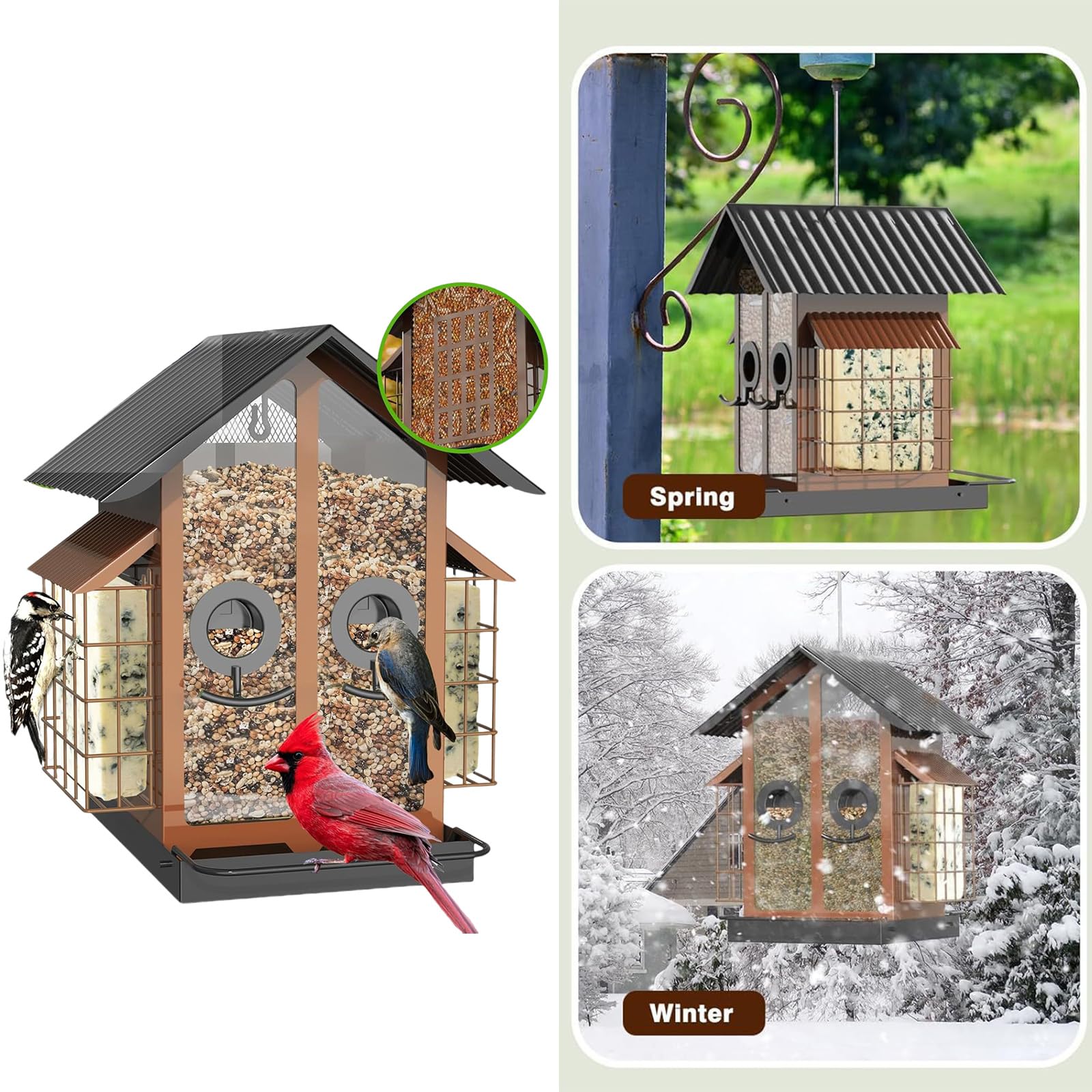 Comedero para pájaros de Gran Capacidad para jardín y Patio, diseño de Percha con construcción de Metal para comedero para pájaros Colgante Aire Libre