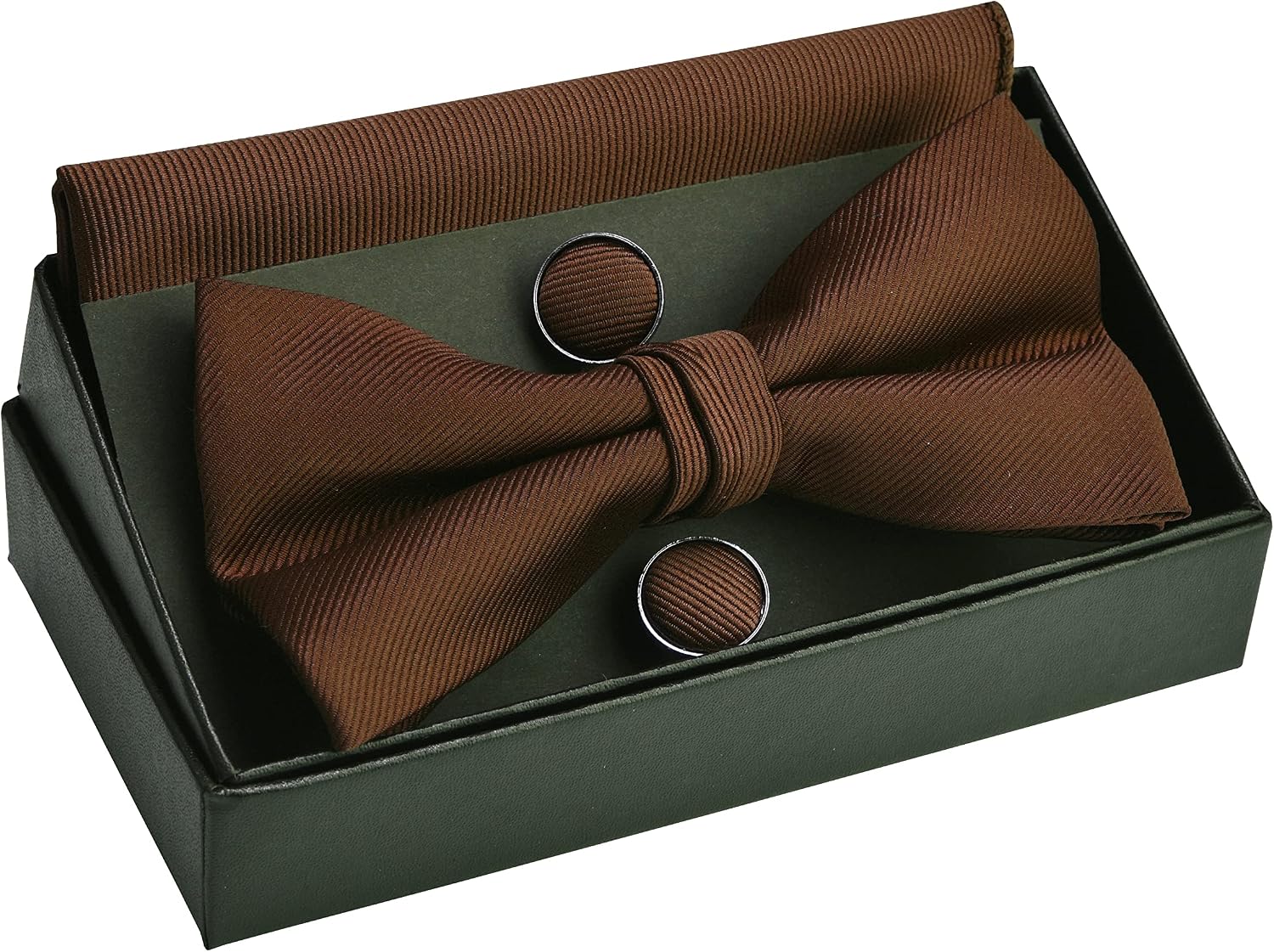 GUSLESON Mens Solid Color Jacquard Woven Adjustable Pre-tied Bow Tie and Pocket Square Cufflink Set with Gift Box