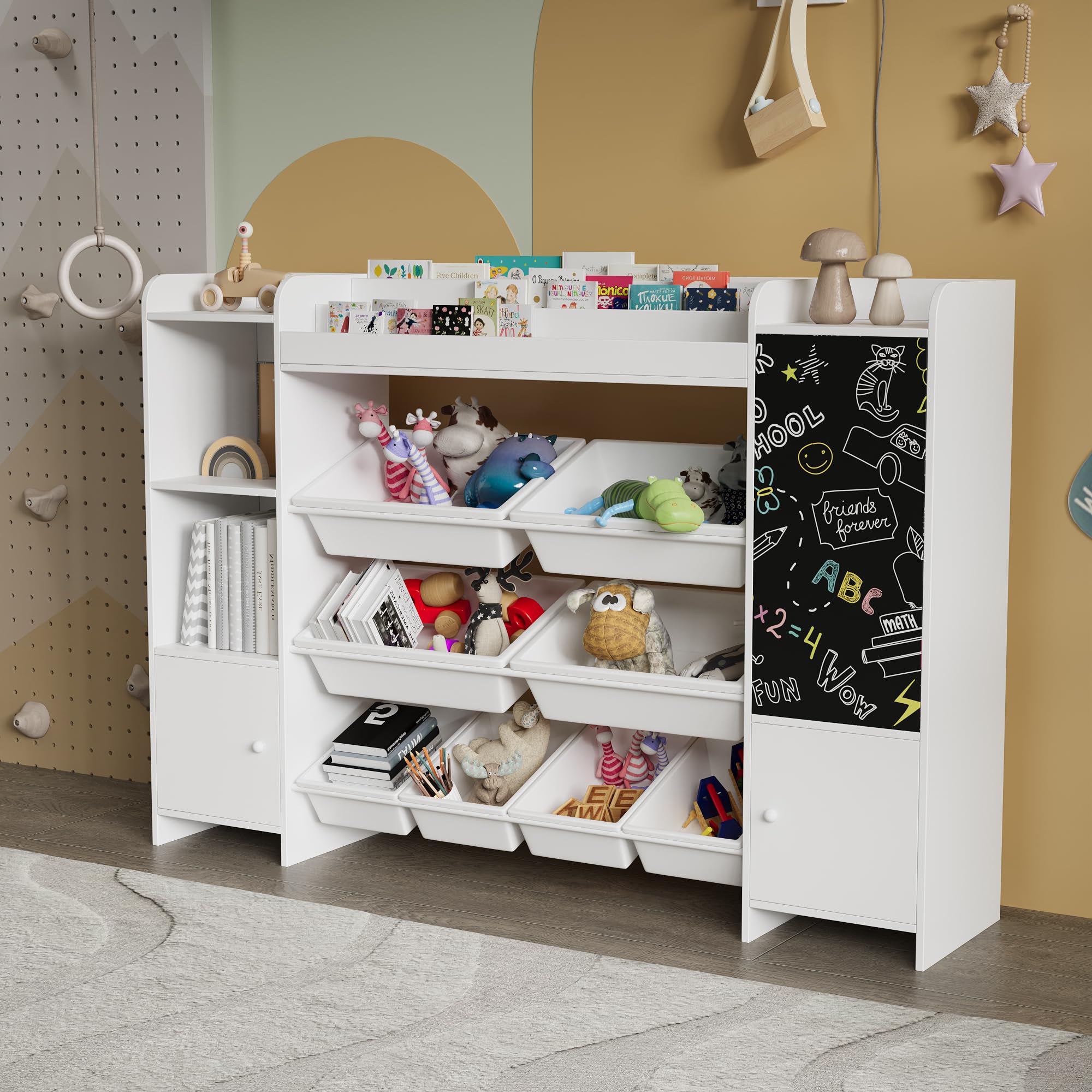 PerGar Bücherregal Kinder, Spielzeug-Organizer, Multifunktionale Ablage mit 8 Aufbewahrungsboxen, mit Tafel, Aufbewahrung von Büchern & Spielzeug im Kinderzimmer, Weiß, 137×94.5×30cm