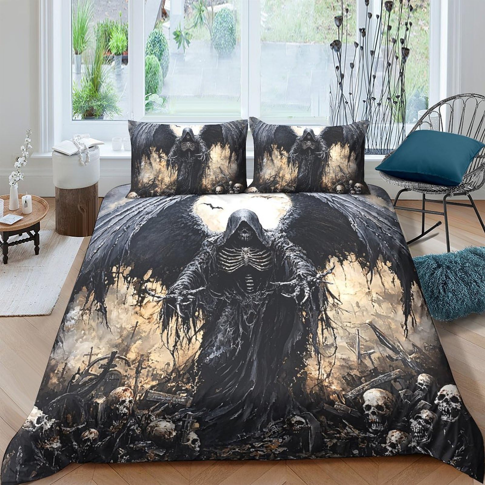 Ctjqhvkz Style-2 3D Printed Dark Angel Fitted Sheet Microfiber Soft Gothic Skull Mattress Cover For Bedroom Dorm Easy Care Decor Single（135X200cm）