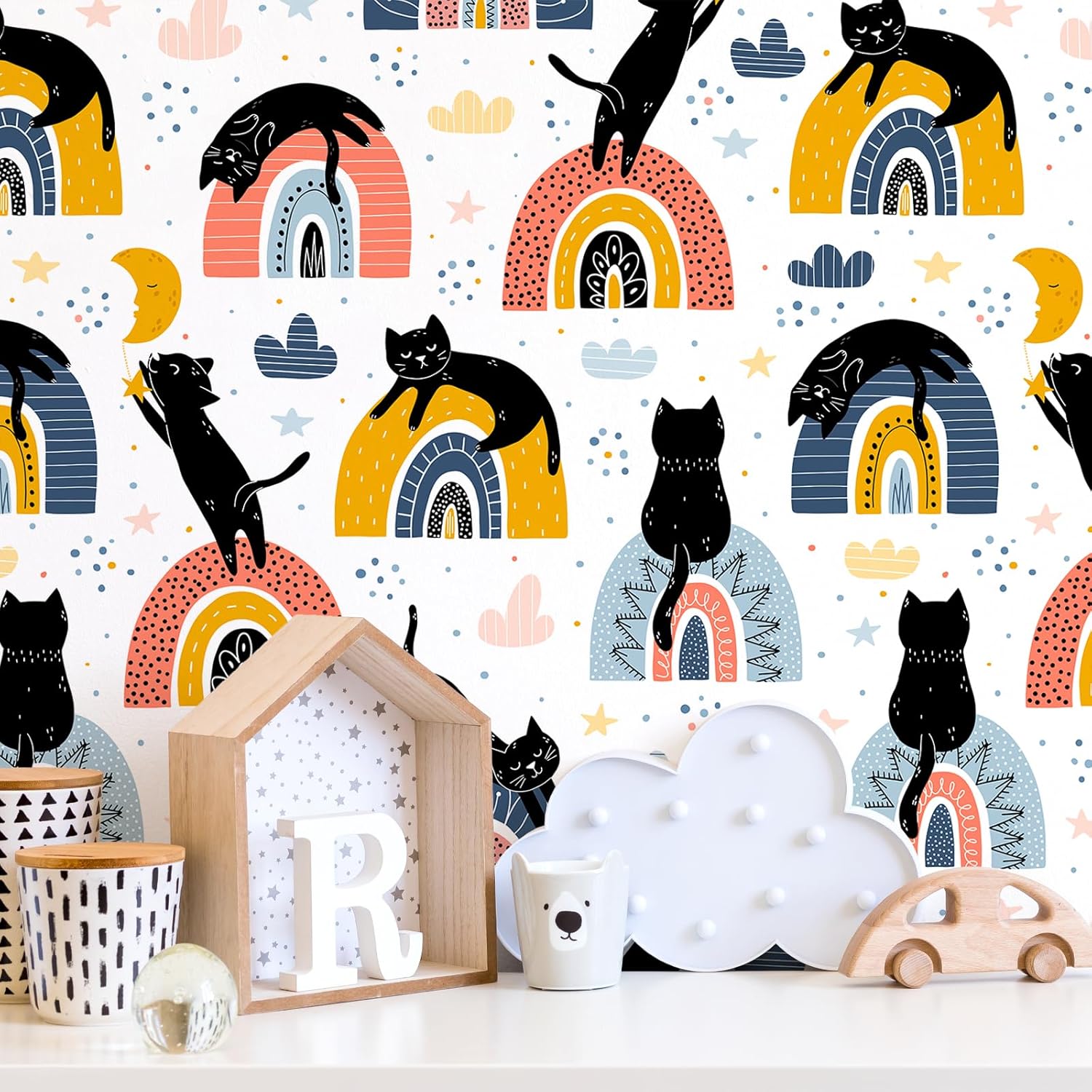 VEELIKE Boho Rainbow Cat Peel and Stick Wallpaper Cute Black Cat Wallpaper Mural for Kids Room Removable Nursery Wallpaper 17.7''x354'' Self Adhesive Fun Animal Contact Paper for Walls Cabinets Drawer