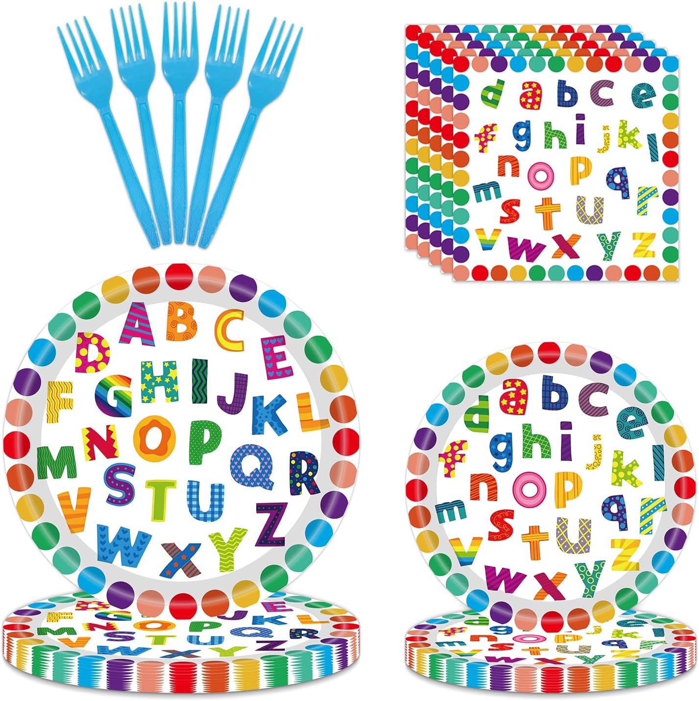 96 PCS Colorful Alphabet Party Decorations, Disposable ABC Letters Paper Plates Napkins Set School Classroom Educations Party Supplies for Kids Birthday Baby Shower Alphabet Games, Serves 24