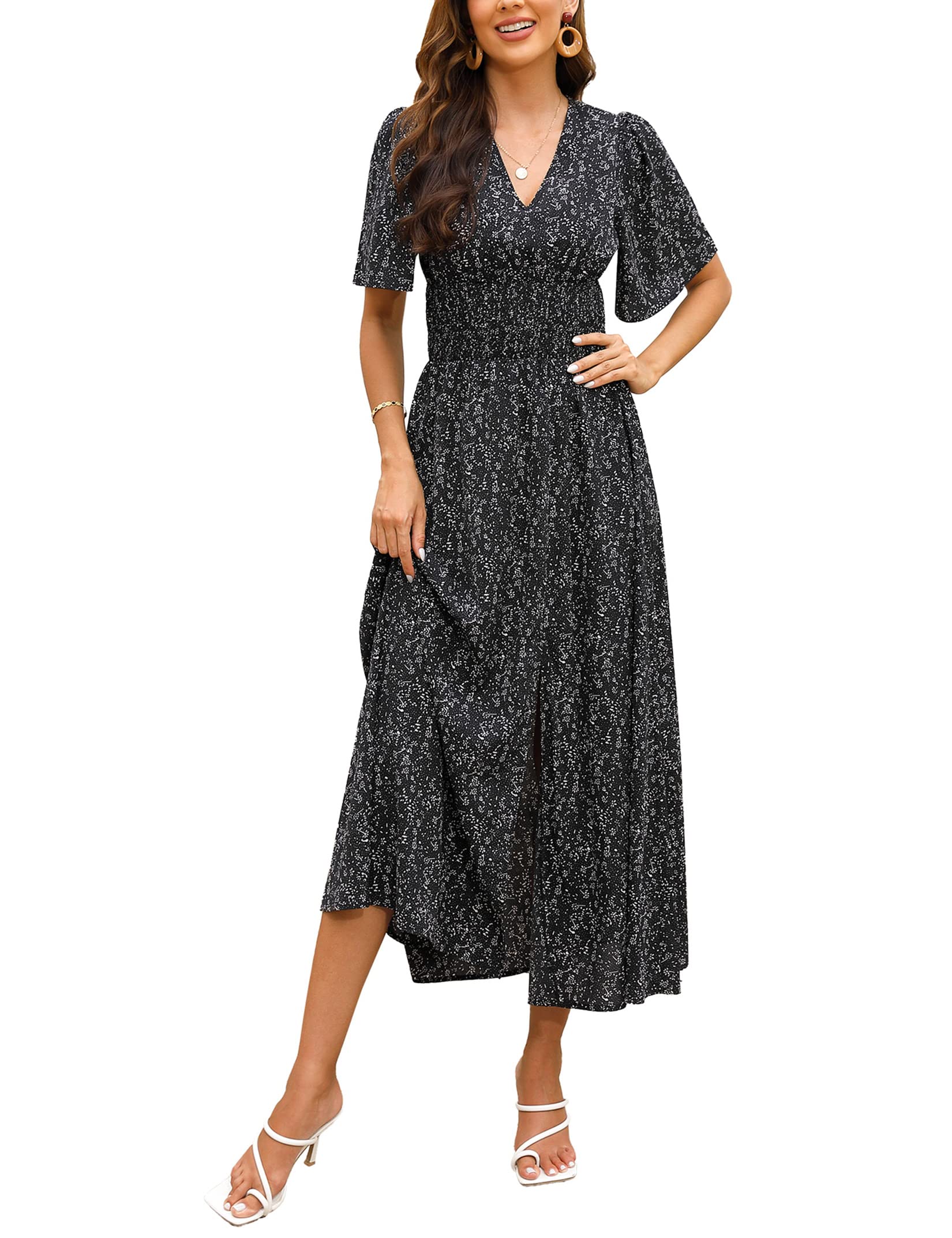 Clearlove Vestido de verano largo para mujer, cuello en V, túnica, manga corta, elegante, vestido de playa, vestido de verano maxi con abertura