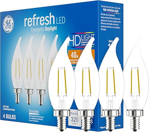 GE Refresh Bombillas LED, 40 W, luces de vela de luz diurna, bombillas decorativas transparentes, base pequeña (paquete de 4)