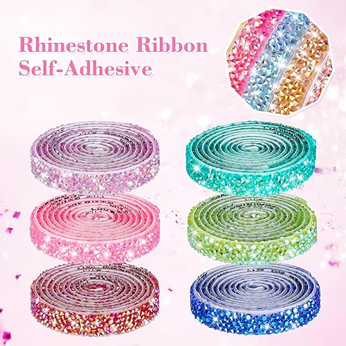Vista 45 de NiArt Cinta autoadhesiva de diamantes de imitación de cristal, 6 rollos, 0.4 in de ancho, total de 6 yardas, multifuncional, decorativa, piedras 6