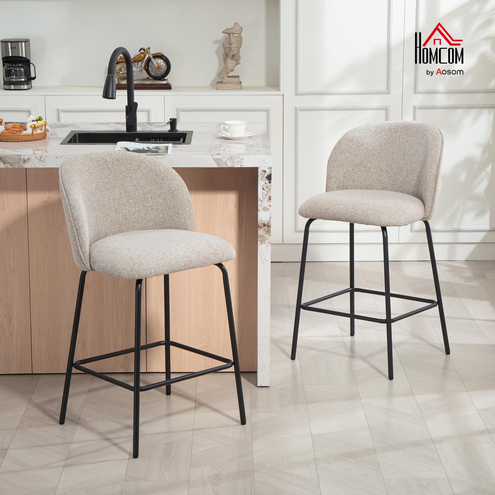 HOMCOM Set 2 Sgabelli Bar con Schienale Ergonomico con Poggiapiedi Grigio | Sgabelli Cucina in Lino, Gambe in Acciaio, Seduta Ampia Imbottita, Sedie Bar Alte per Soggiorno, Sala da Pranzo, Cucina