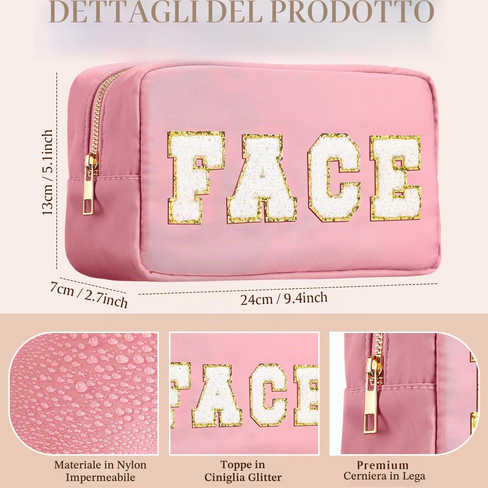 4 sacchetti per trucco preppy in ciniglia, con lettere, in nylon, con cerniera, per articoli da toeletta da viaggio, da donna