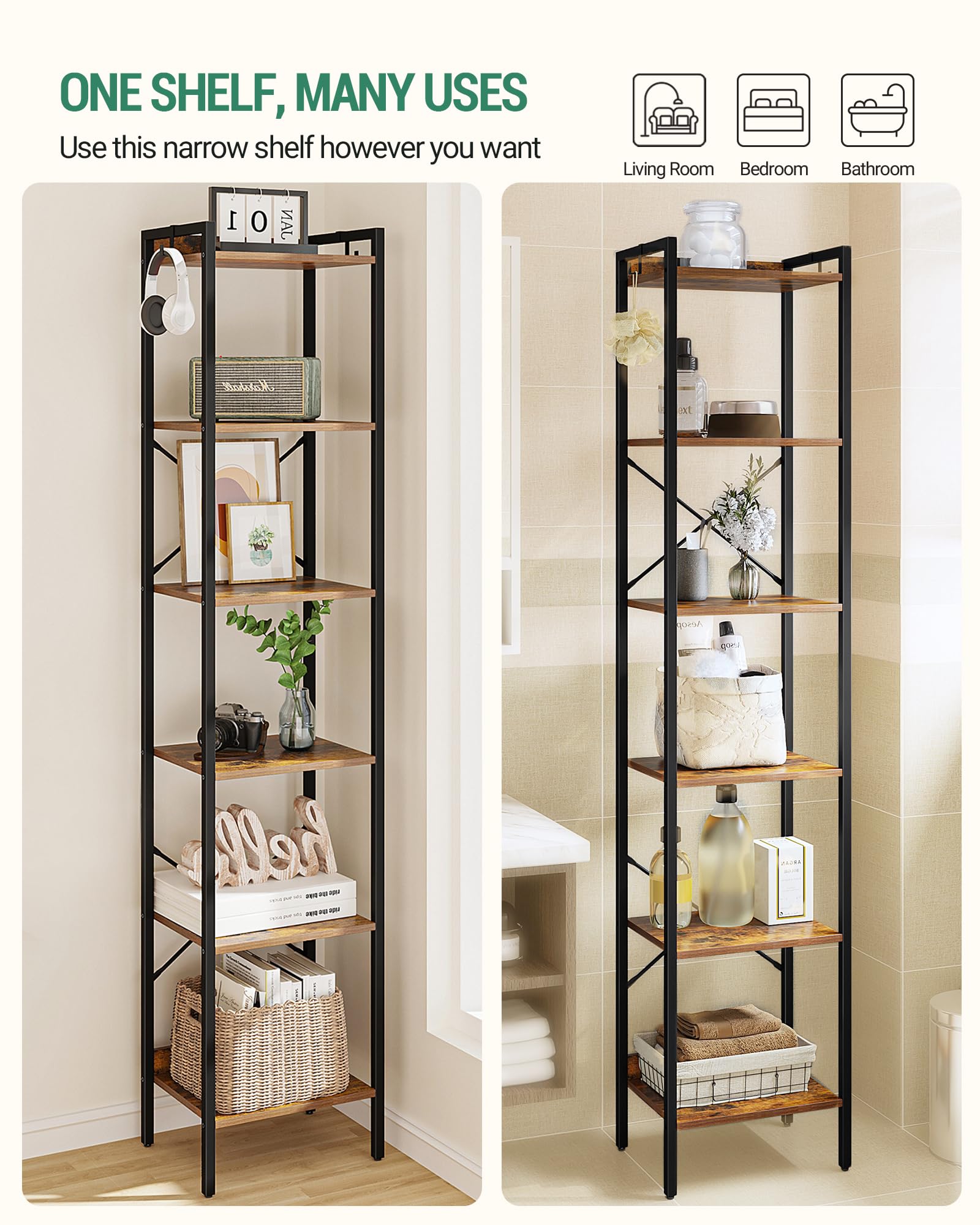 Hzuaneri Bookshelf, 6-Tier Narrow Book Shelf, with 2 Hooks, Bookcase for Home Office, Living Room, Bedroom, Kitchen, Rustic Brown and Black BC10701B