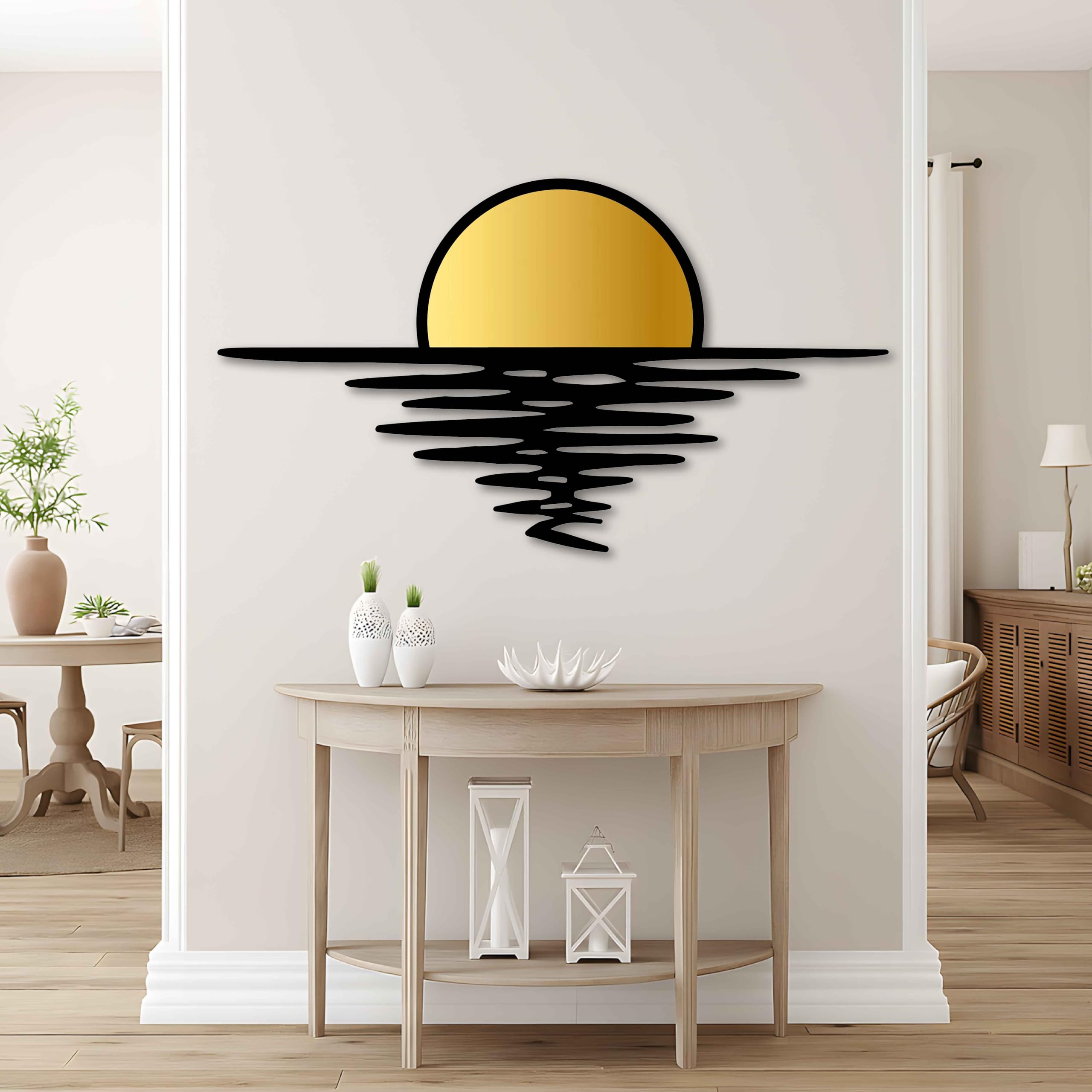 Wandkunst, Motiv: Sonnenuntergang, goldfarben und schwarz, Metall, abstrakter Sonnenaufgang, Heimdekoration, große Metall-Wanddekoration über dem Sofa oder über dem Bett, Hochzeitsgeschenk