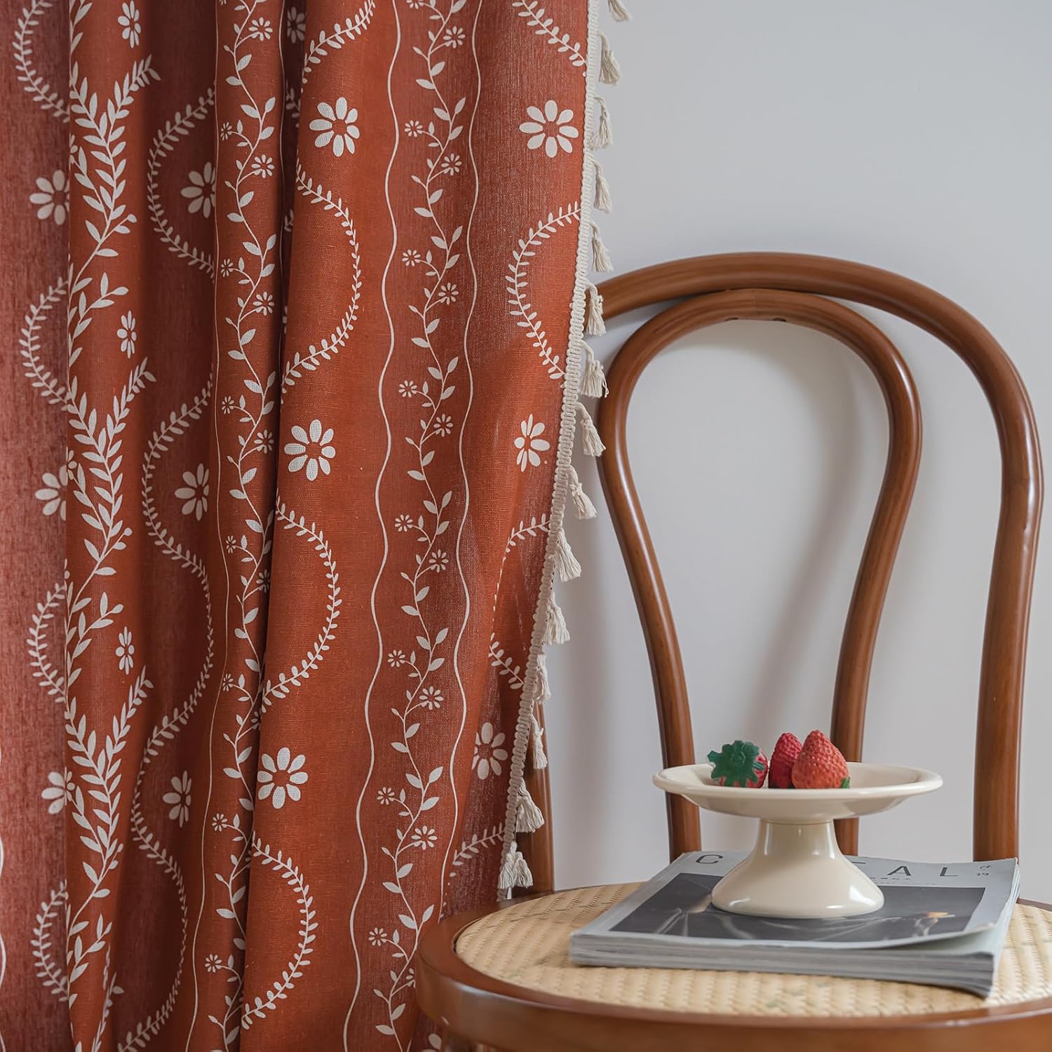 Terracotta Boho Curtains 2 Panels 63 Inch Length for Living Room Vintage Semi Sheer Western Patterned Floral Curtains Rust Colored Linen Country Curtain Drapes