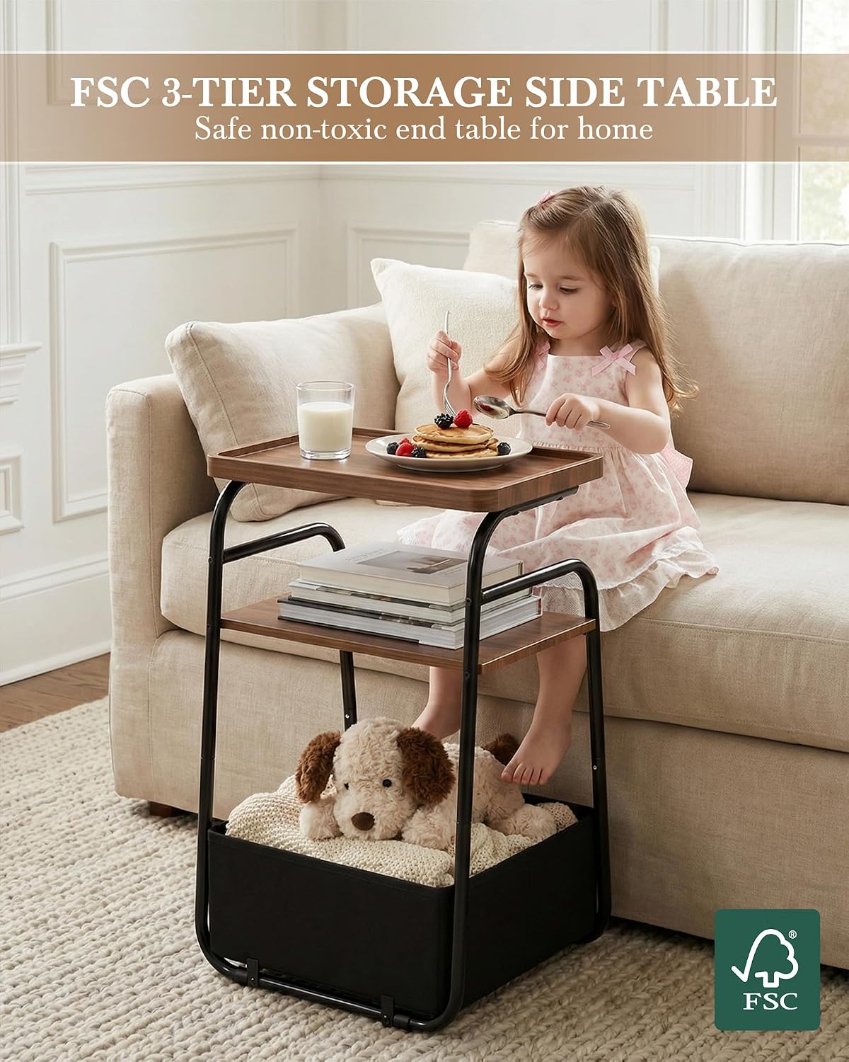 Faesun Small Side Table with Fabric Drawer, 3 Tier End Table