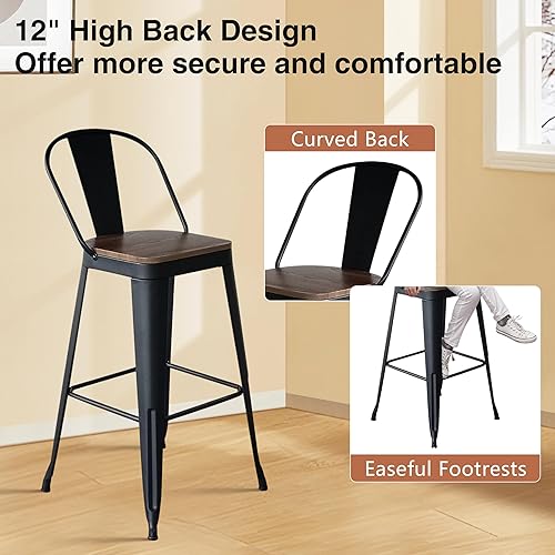 Miniatura 5 de ALISH Juego de 4 taburetes de bar industriales de 26 pulgadas, taburetes de bar de metal con respaldo alto con asiento de madera grande, sillas de