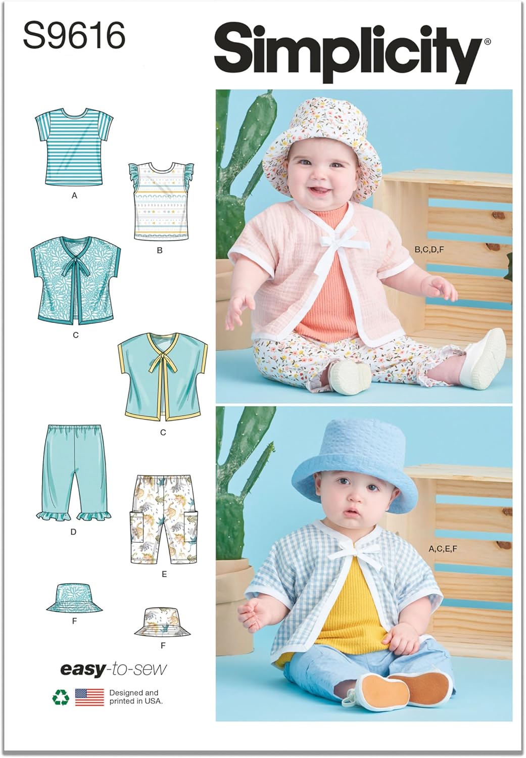 Simplicity SS9616A Babies' Pullover T-Shirt, V-Neck Jacket, Pull-on Pants, and Bucket Hat Sewing Pattern Packet, Design Code S9616, Sizes XS-S-M-L-XL