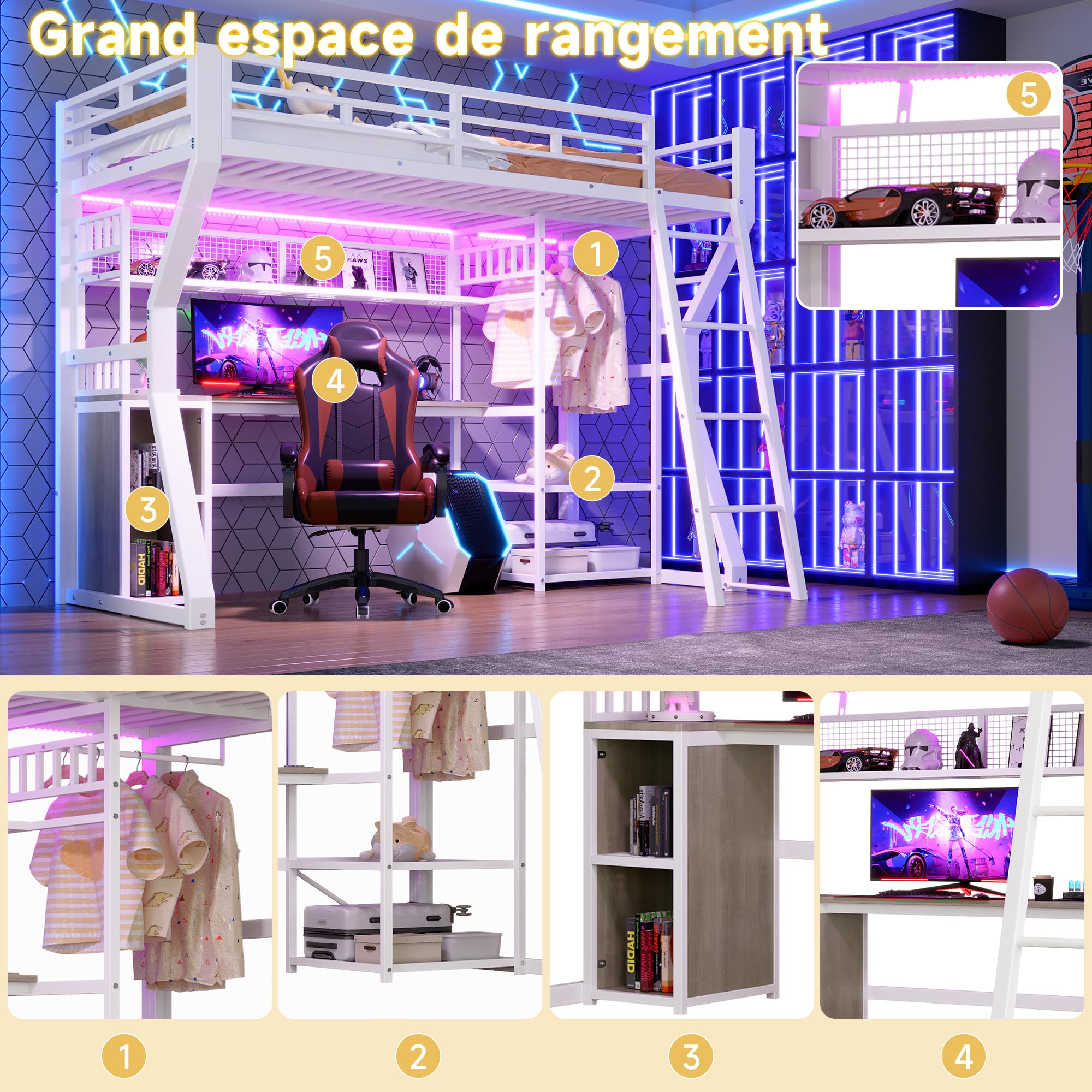 Lit Mezzanine Enfant 90x200cm avec Bande LED et Prise Électrique,Lit Superposé 1 Places en Métal avec Penderie,Bureau, Rangements,Étagères,Cadre de Lit Simple per Ado,sans Matelas,Blanc