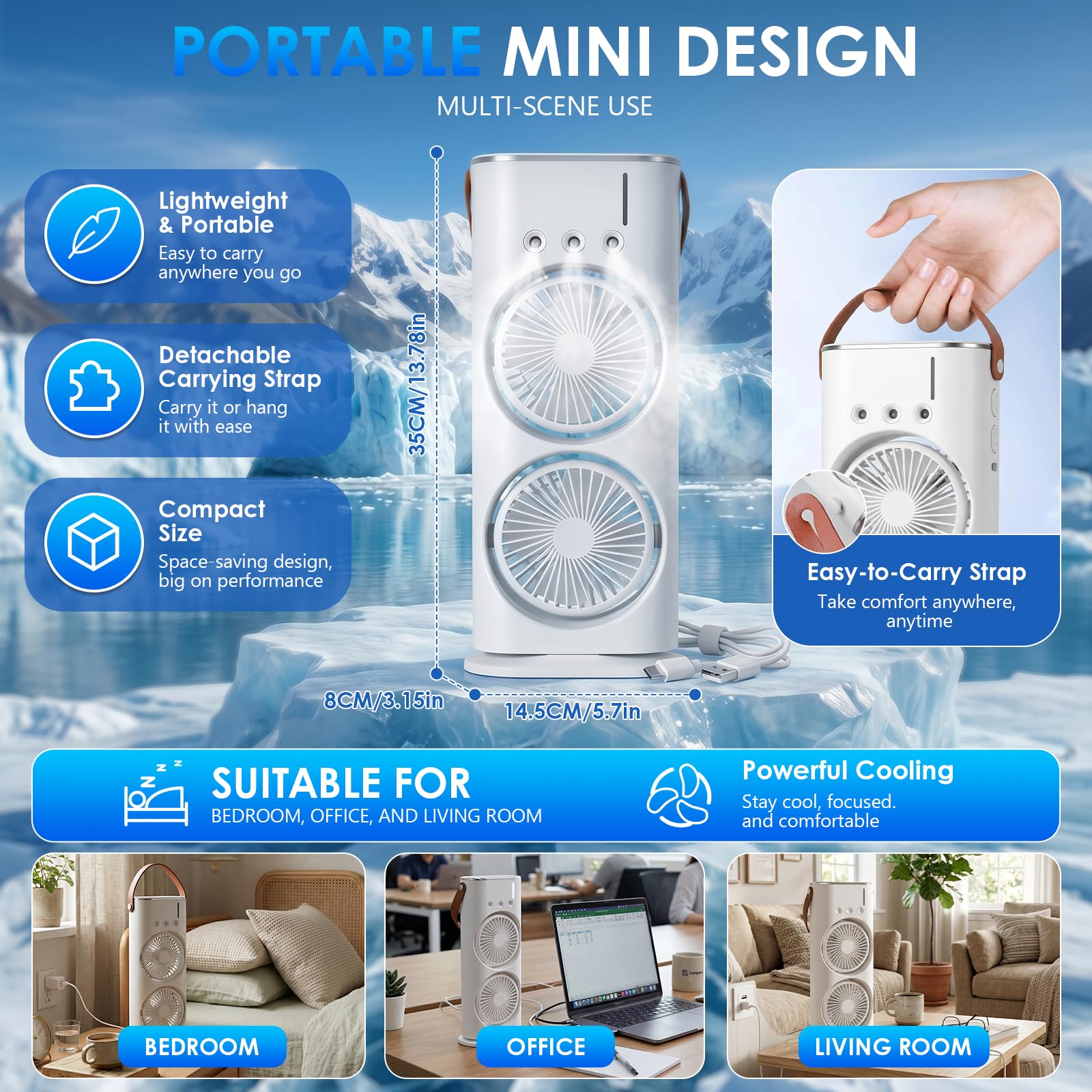 Mobile Klimaanlage 4 in 1, Luftkühler Ventilator USB, Mini Klimagerät mit 280ml Wassetank, Luftbefeuchter, LED -Licht, 3 Geschwindigkeiten, 3 Nebelmodi, Luftreiniger für Hause, Büro, Reisen