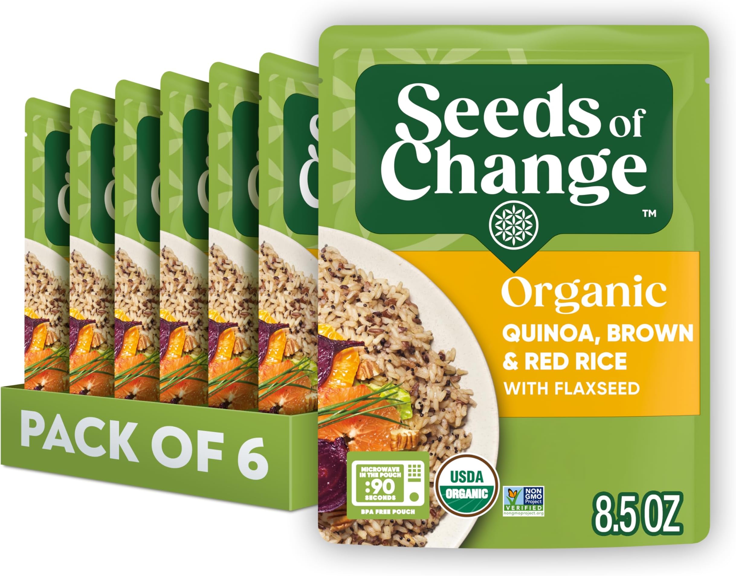 SEEDS OF CHANGE Organic Quinoa, Brown & Red Rice with Flaxseed, Microwaveable Ready to Heat, 8.5 Ounces (Pack of 6)