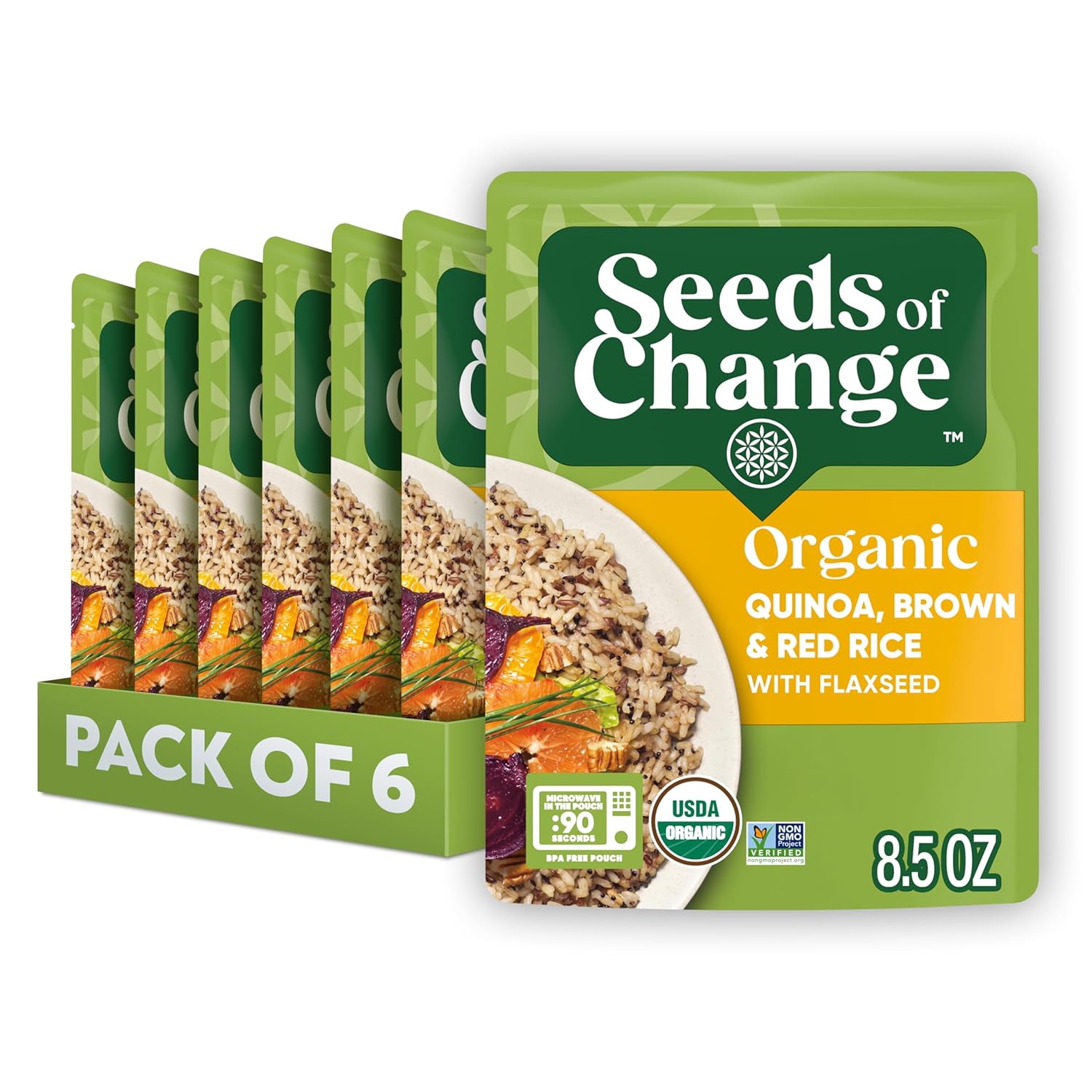 SEEDS OF CHANGE Organic Quinoa Brown & Red Rice with Flaxseed - Microwaveable Pouch, 8.5oz Pack of 6