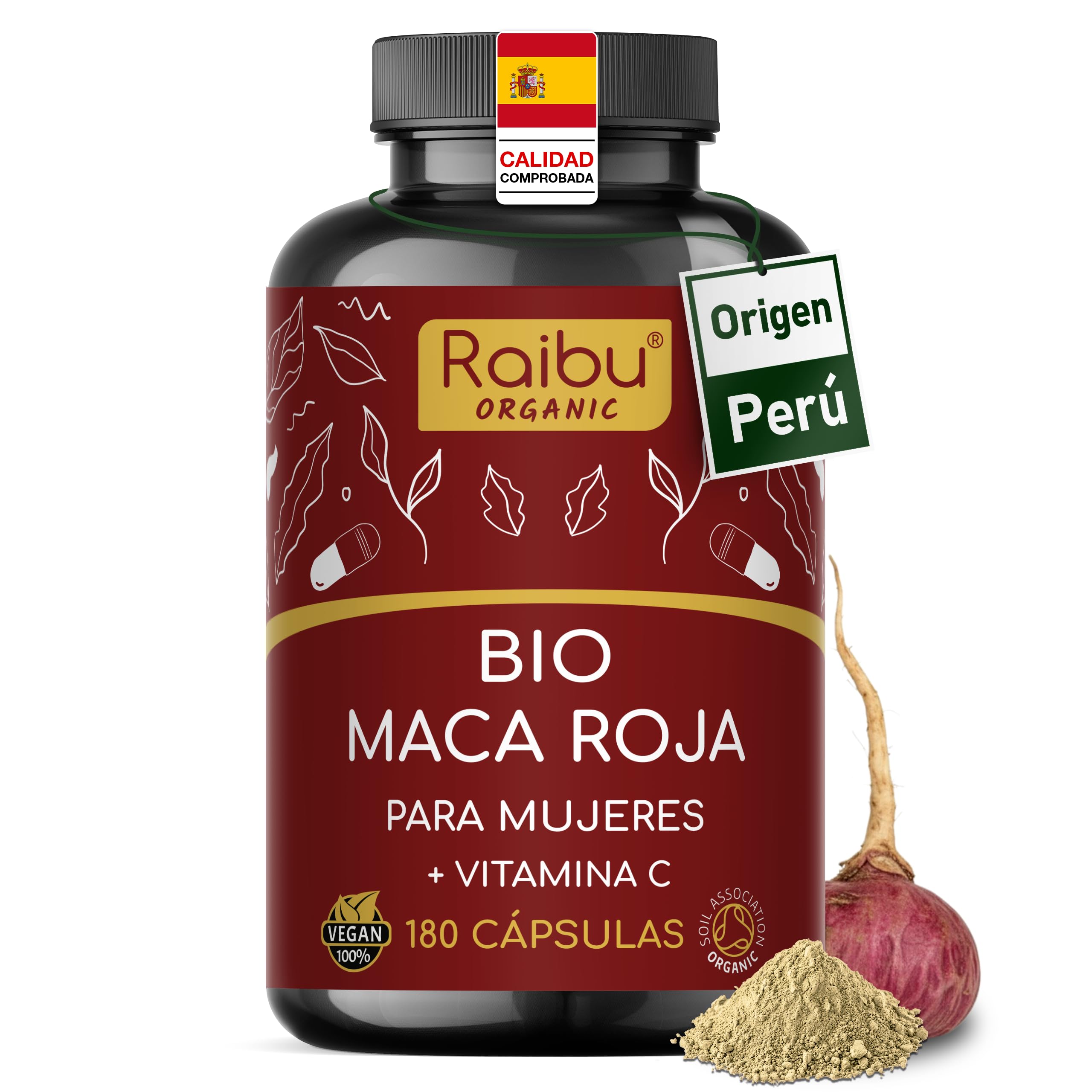 Maca Roja BIO Peruana - 180 cápsulas de Maca Roja con vitamina C - Vitalidad y e