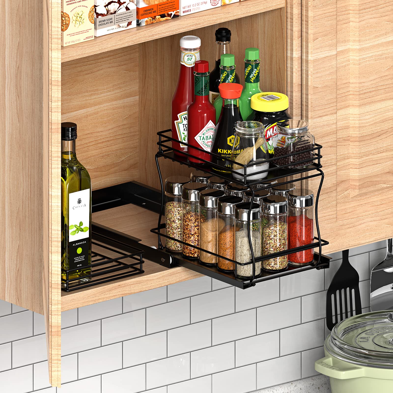 Spice Rack Pull Out Organizer, 8"W x10"L x8"H, 2 Tier, Professional Slide Out Spice Rack