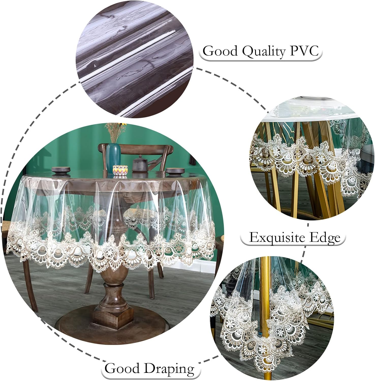 Jeloris Plastic Clear Round Tablecloth Vinyl PVC Waterproof Tablecloth Embroidered Lace Edge Transparent Table Cover for Kitchen Dining Coffee Table (Round 75 inch, Khaki Fan)