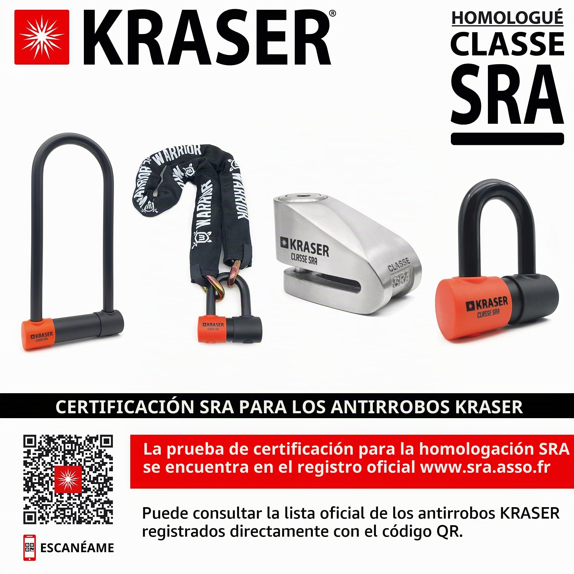 KRASER KR50 Candado Moto Disco Mini U Homologado SRA, Testado Arco de Acero Ultra Endurecido 18, Doble Cierre, Cerradura de Discos Antiganzúa, Cable Recordatorio, Bloqueo Antirrobo Cepo Disco Freno