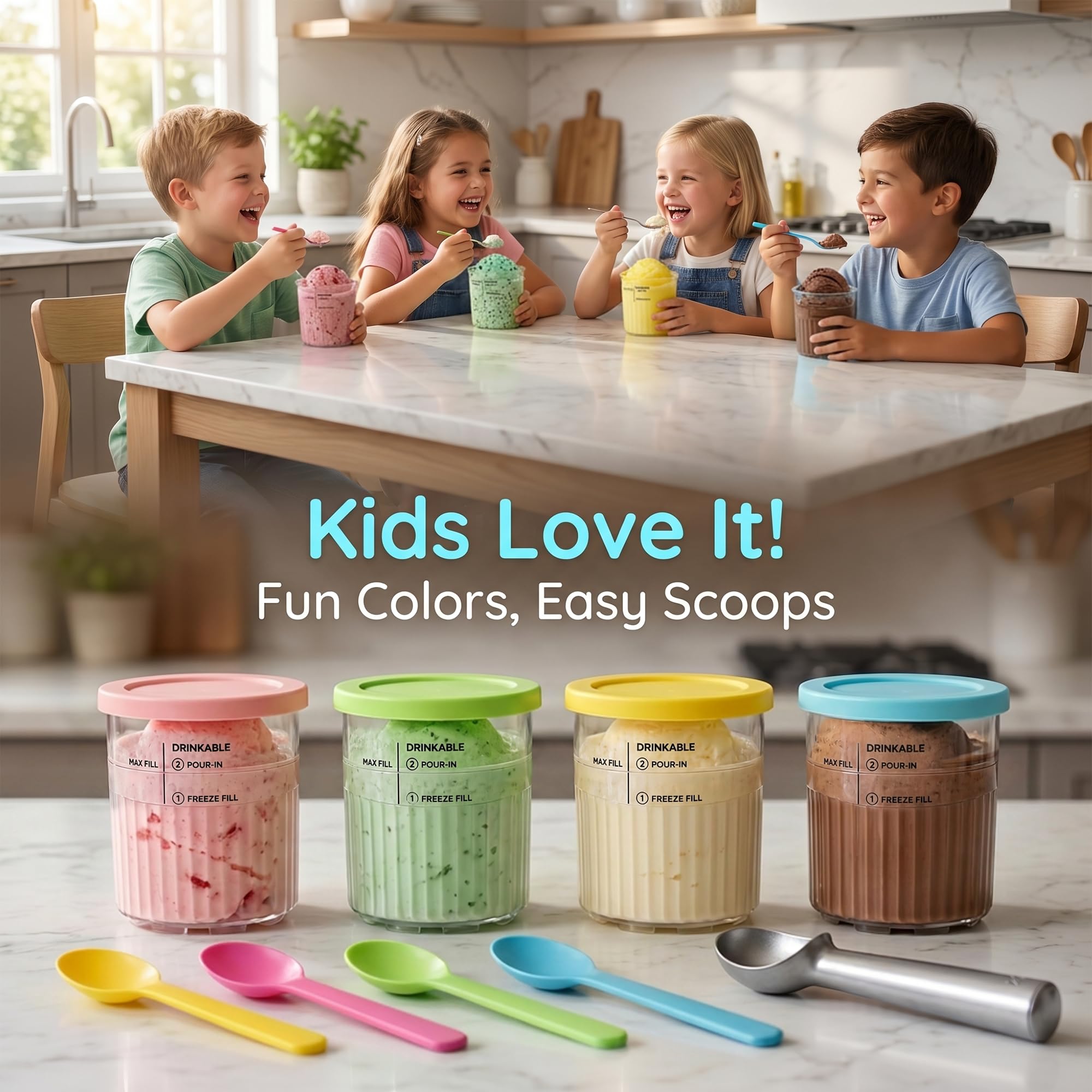 Set di 4 contenitori per ninja CREAMi Deluxe, 24oz Ice Cream Pints con coperchi colorati, inclusi 4 mini cucchiai e porzionatori per gelato in acciaio inox, senza BPA, lavabili in lavastoviglie