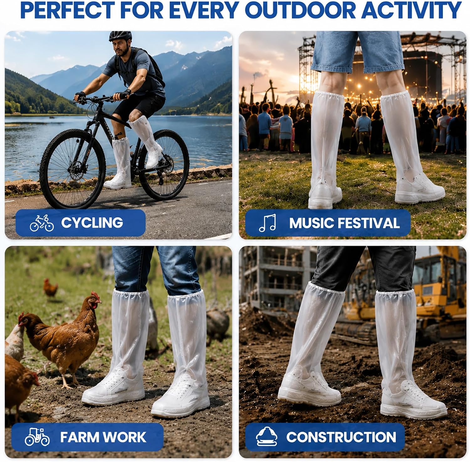 16 Pcs Shoe Covers Disposable Waterproof,Thick Duty 40g Shoe Covers for Rain,Individually Packaged Long Knee High Boot Covers with Portable Pocket Pack, for Construction, Farm, Cycling, Festivals