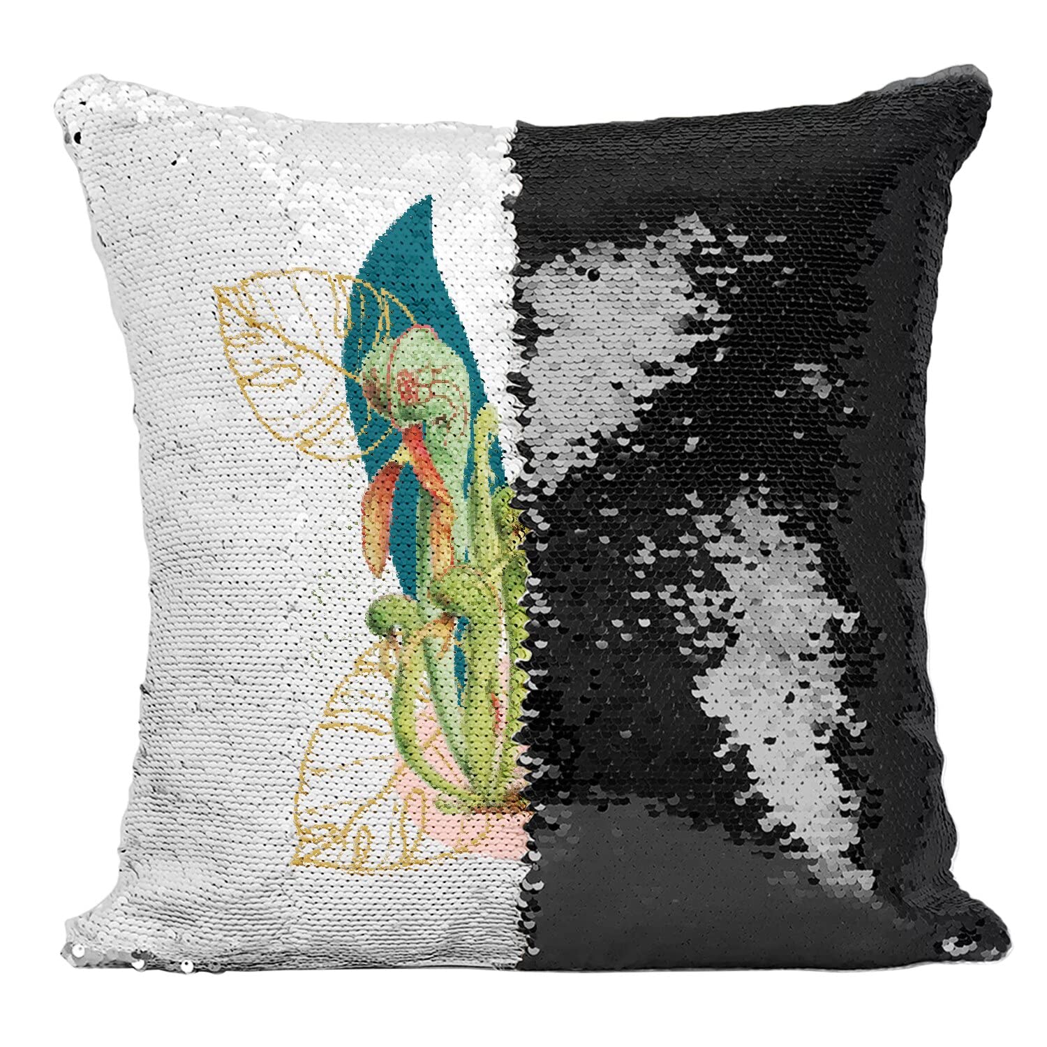 Coussin Sequin Noir Drosera Fleur Tropicale Jungle, Déco Canapé