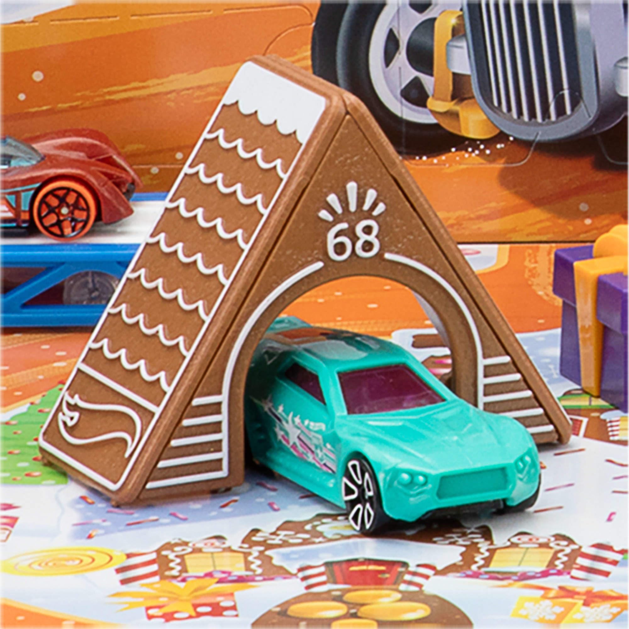 Hot Wheels - Calendario dell'Avvento 2025, 24 finestrelle numerate con sorprese a tema Natale, 10 macchinine, 10 clip e 14 accessori inclusi, giocattolo per bambini, 3+ anni, JCB47