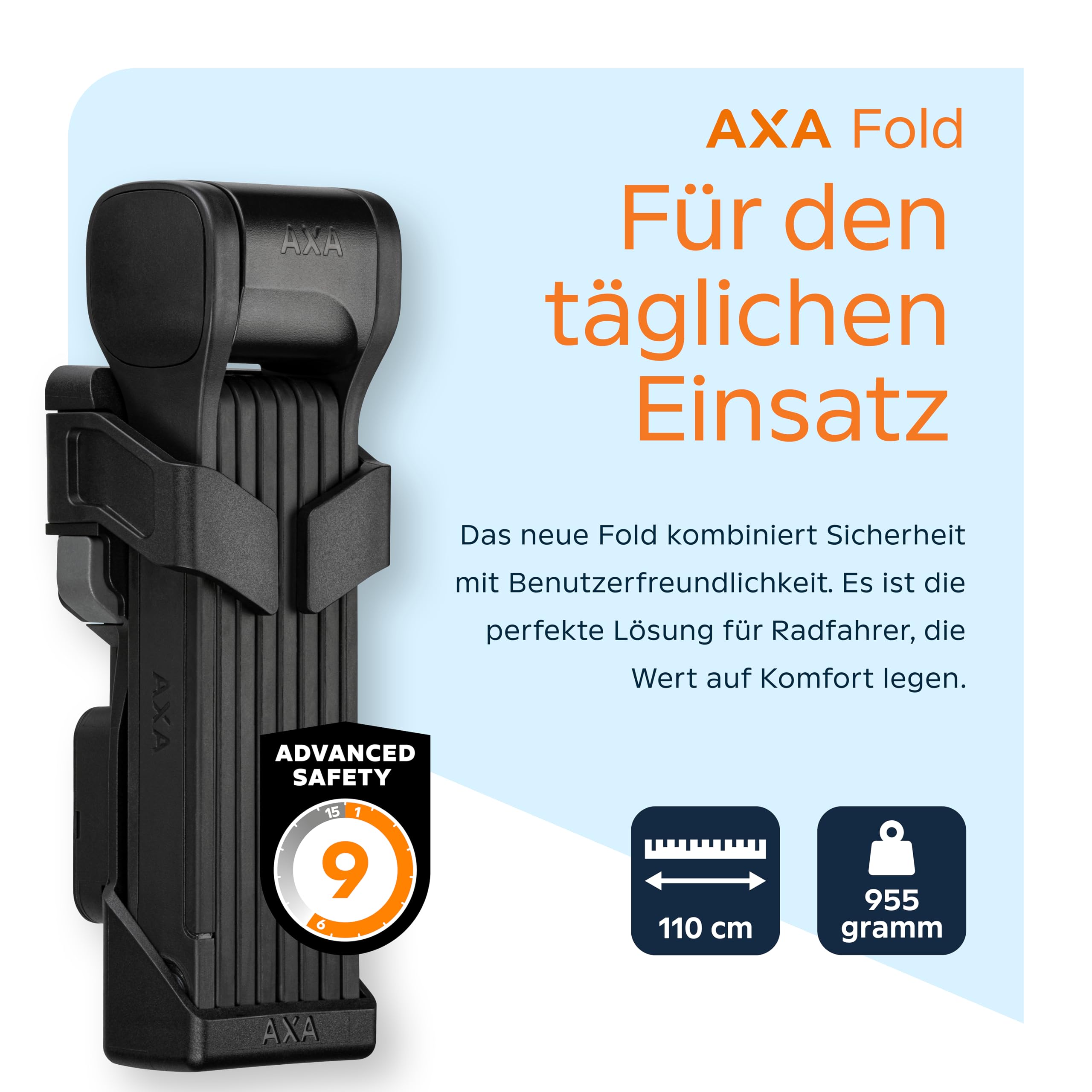 AXA Fold 110 Faltschloss – Länge 110 cm – Sicherheitsstufe 9 – Halterung inkl. Tracking-Tag-Fach – Mit 2 Schlüsseln