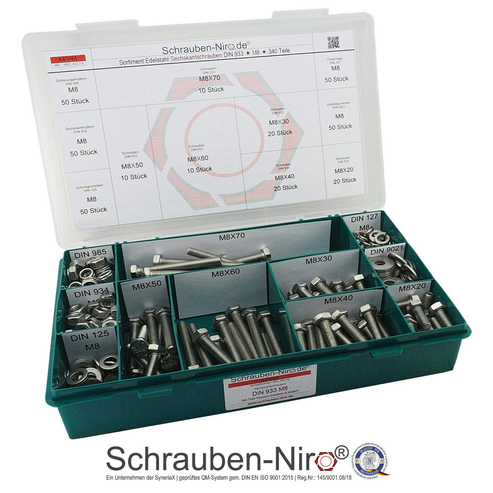 Schrauben-Niro.de M8 DIN 933 Edelstahl A4 (V4A) Sechskantschrauben mit Gewinde bis Kopf - Set mit 340 Teilen für Industrielle Anwendungen, Bauwesen, Heimwerkerprojekte