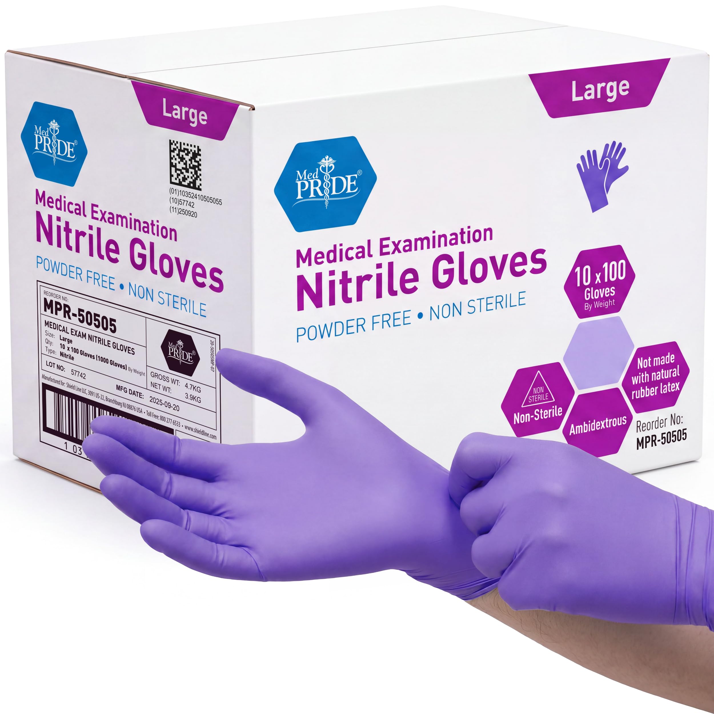 MedPride Powder-Free Nitrile Exam Gloves, Large, Case/1000 (10 Boxes of 100)