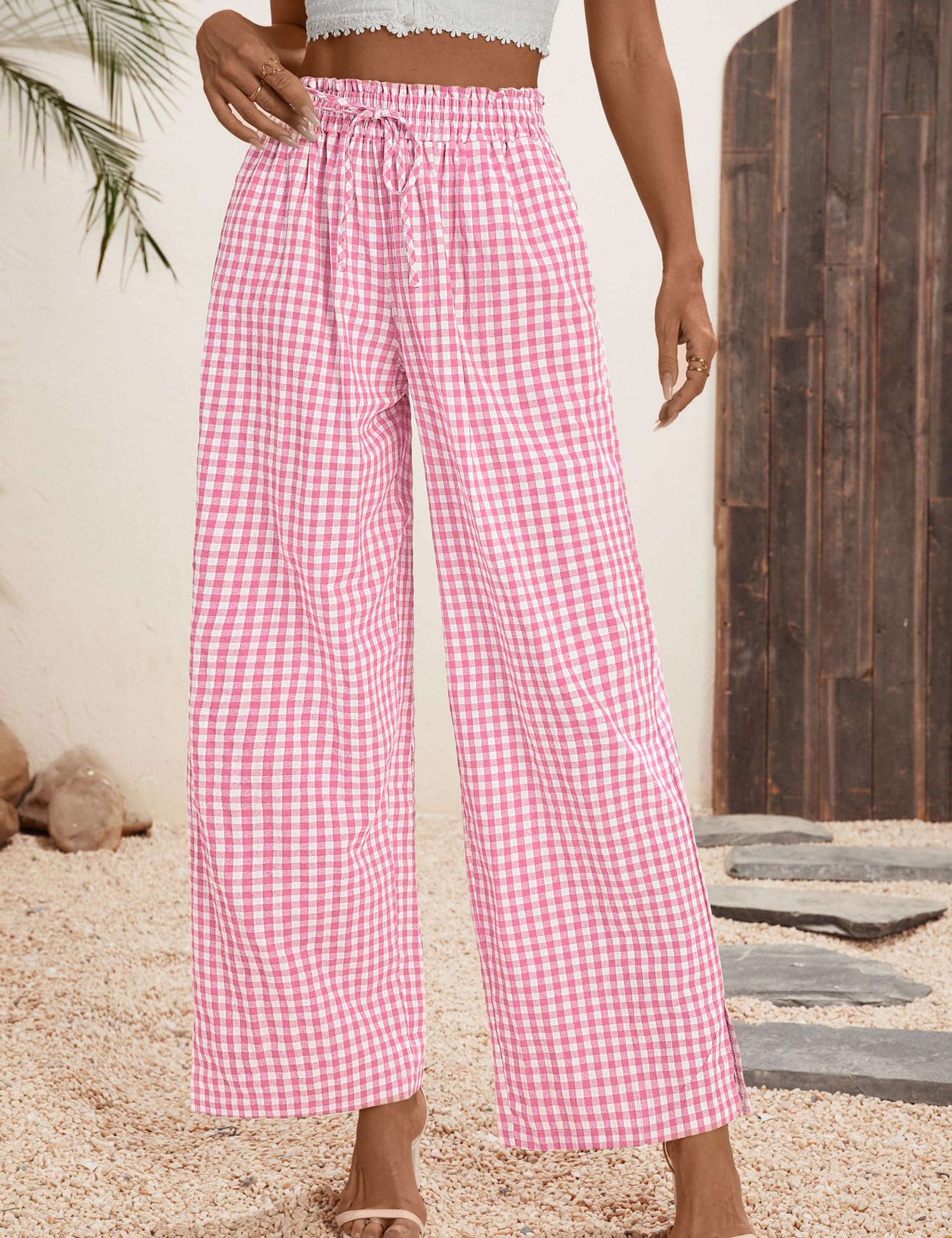 Rapbin Pantalon Palazzo à jambes larges pour femme - Taille haute - Cordon de serrage - Pour l'été et l'automne - Pantalon décontracté et fluide avec poches