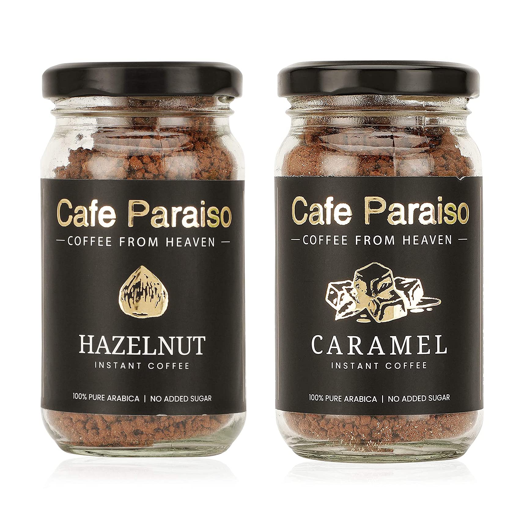 Cafe Paraiso Hazelnut & Caramel Combo | Instant Premium Flavored Arabica Coffee | Pack of 2 (50g Each) | Medium Roasted, Agglomerated