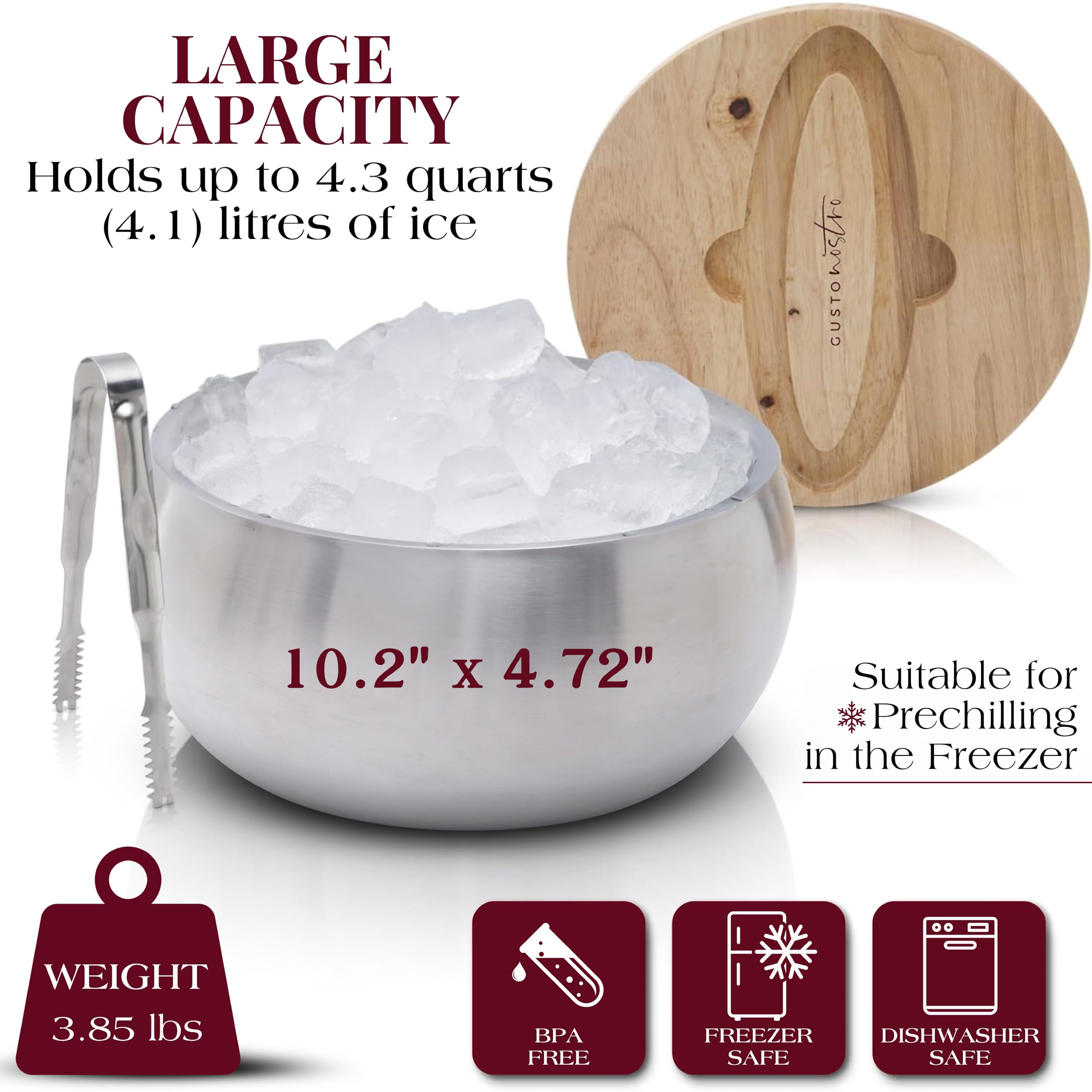 Gusto Nostro Cubitera Aislante con Tapa y Pinzas 4,1 L – Enfriador de Botellas de Acero Inoxidable de Doble Pared, Sin BPA – Mantiene el Champán, el Vino y la Cerveza Fríos para Fiestas