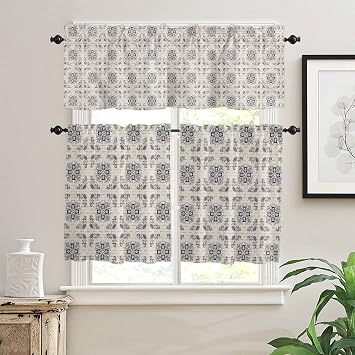 Paris Paisley 3 PCS Kitchen Curtain Valance and Tiers Set, Vintage Royal Da-mask Luxury Floral Rod Pocket Small Half Tier Valances Window Curtains Panel, 55"x24" Set of 2 Tiers & Valance