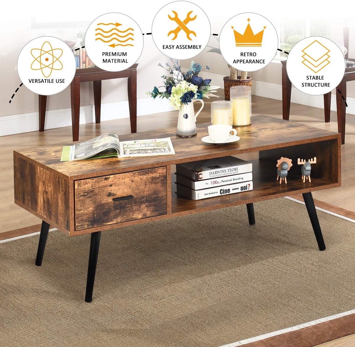 Giantex Rectangular Coffee Table, Mid-Century TV Stand w/ 1 Drawer and Open Storage Shelf for Living Room, Reception Room, Accent Sofa Cocktail Table, 43" L x 21.5" W x 17.5" H (Rustic Brown)