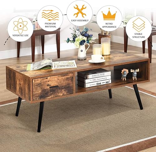 Miniatura 4 de Giantex Mesa de centro con cajón y estante de almacenamiento mesa de cóctel de madera mesa auxiliar rectangular para sofá mesa de consola multimedia