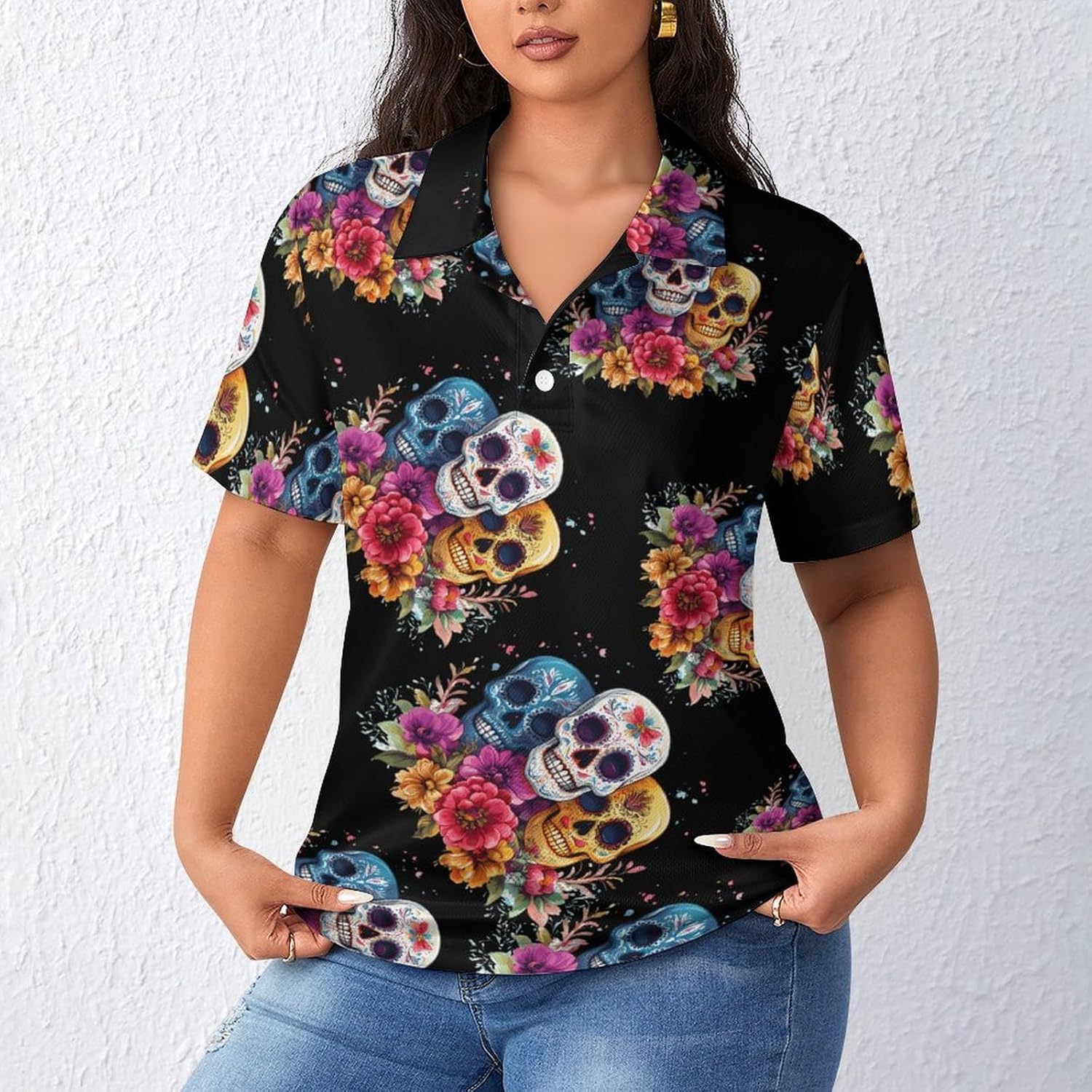Day of The Dead Skull Flower Womens Golf Polo Shirts Summer Short Sleeve Collared 3 Buttons T Shirt Activewear Tops