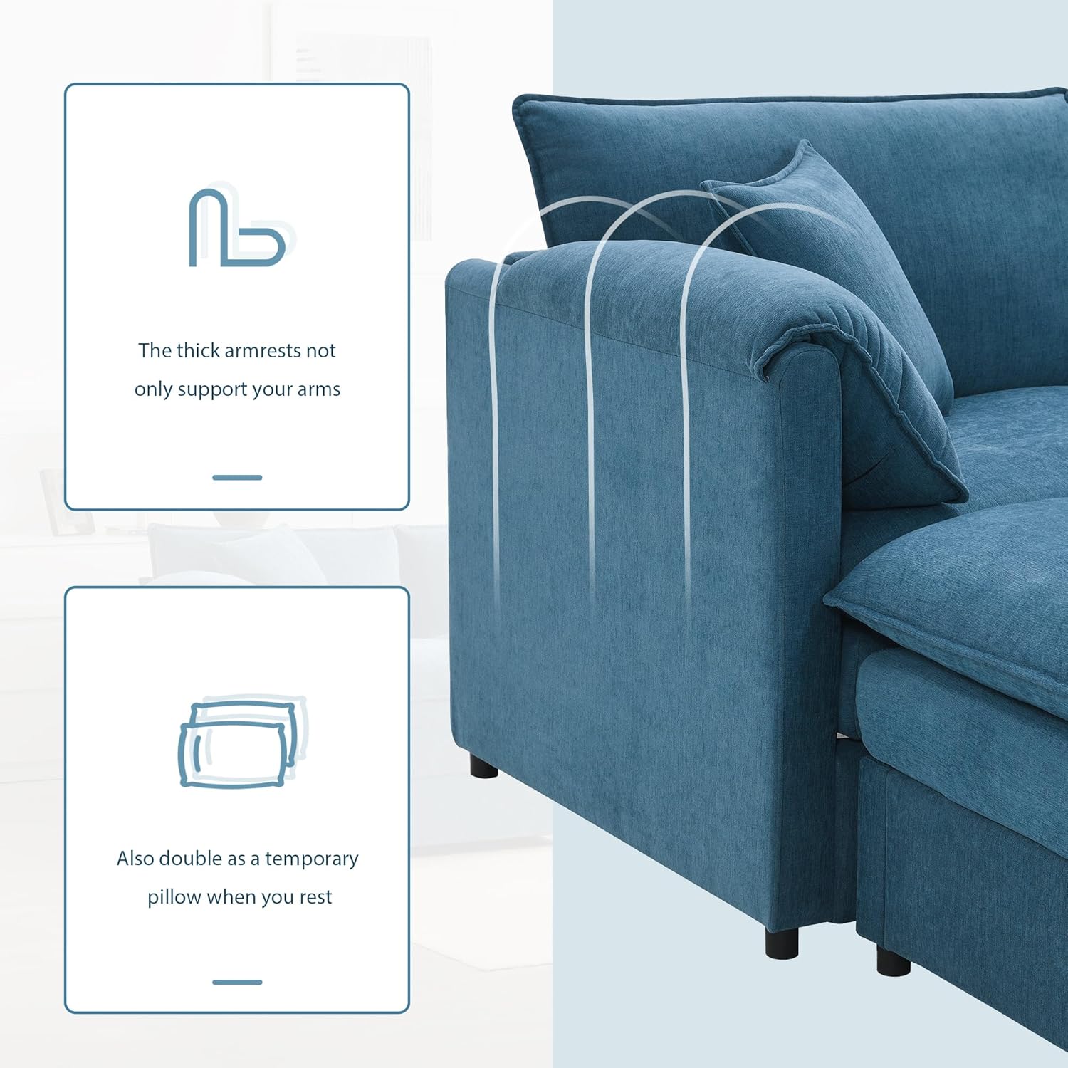 Merax 136" U-Shaped Chenille Modular Sectional Sofa, Oversized Cloud Couch Set with Double Cushions, 6-Seat with Movable Ottomans, Deep & Wide Seating, Blue